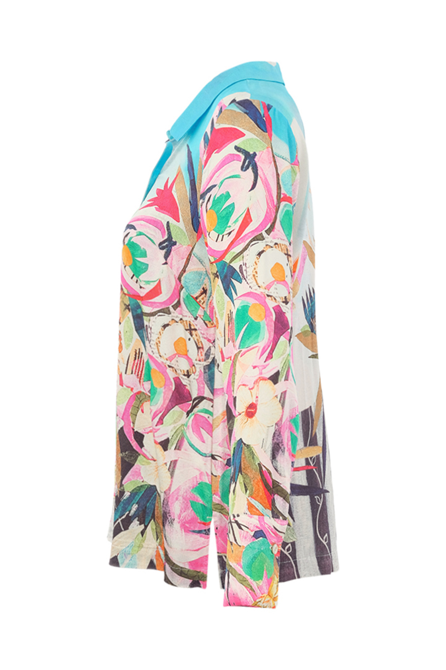 Dolcezza 26663 Abstract Print Shirt side view with bright floral design by Dolcezza, shop Dotique for this stylish shirt.