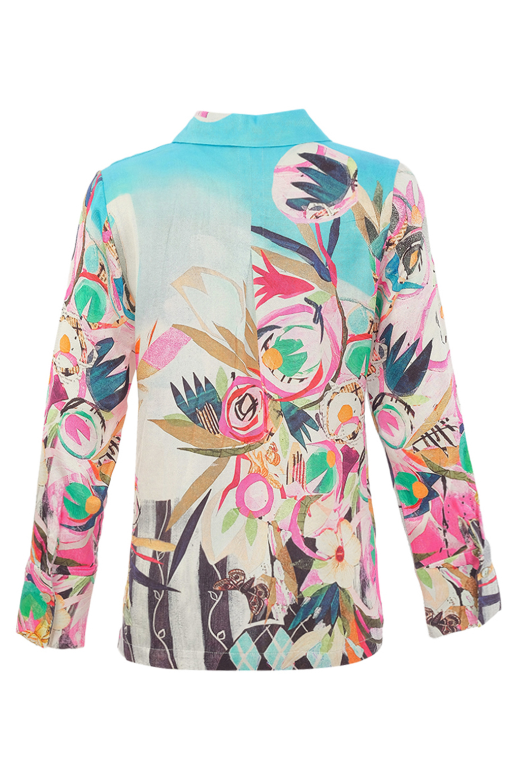 Dolcezza 26663 Abstract Print Shirt back view with vibrant floral design, shop Dolcezza at Dotique gallery position 6 portrait