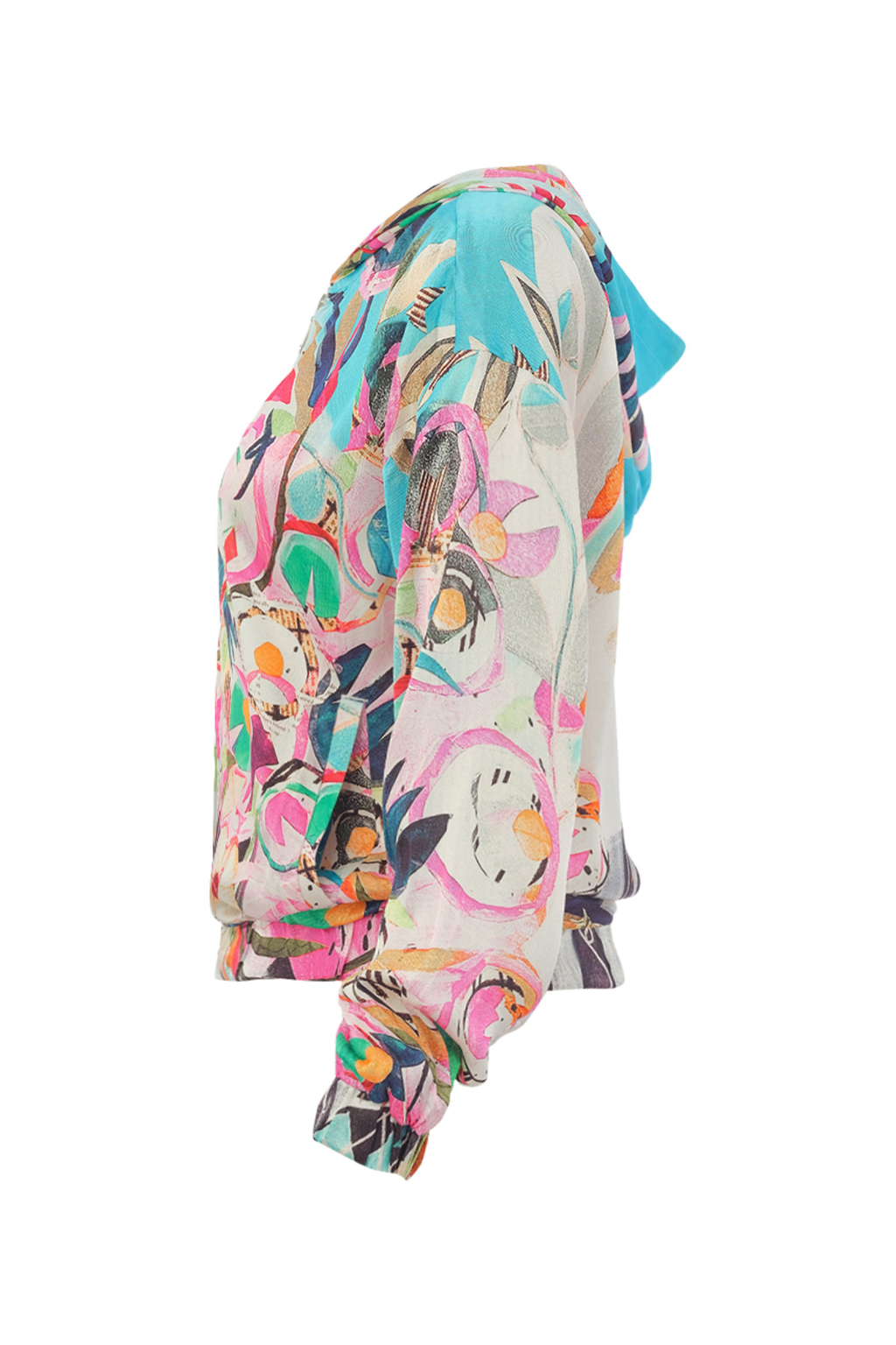 Dolcezza 26664 Abstract Print Zip Jacket side view with vibrant colors, shop Dolcezza at Dotique summer layering piece.