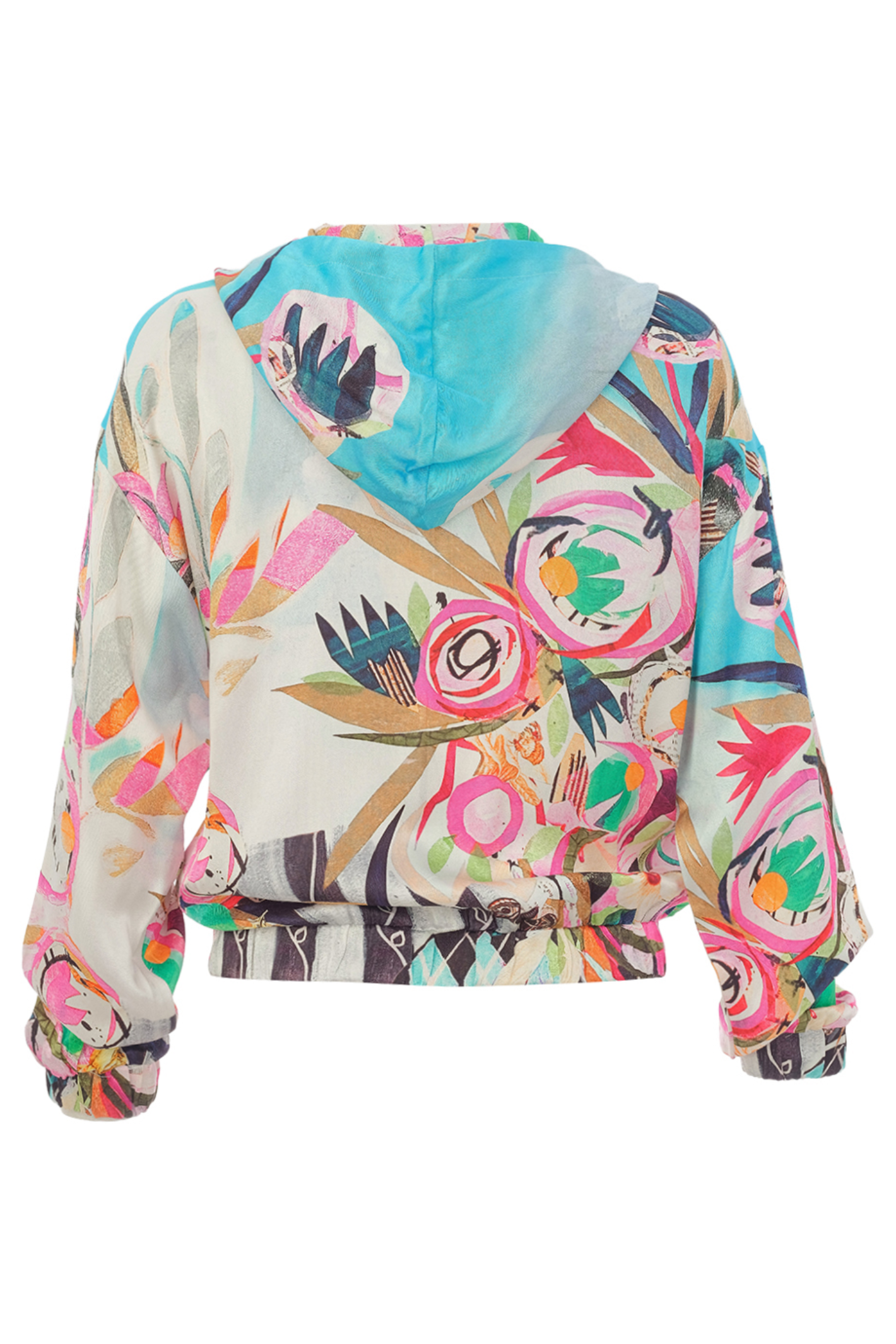 Dolcezza 26664 Abstract Print Zip Jacket back view in portrait, shop Dolcezza at Dotique for unique layering pieces.