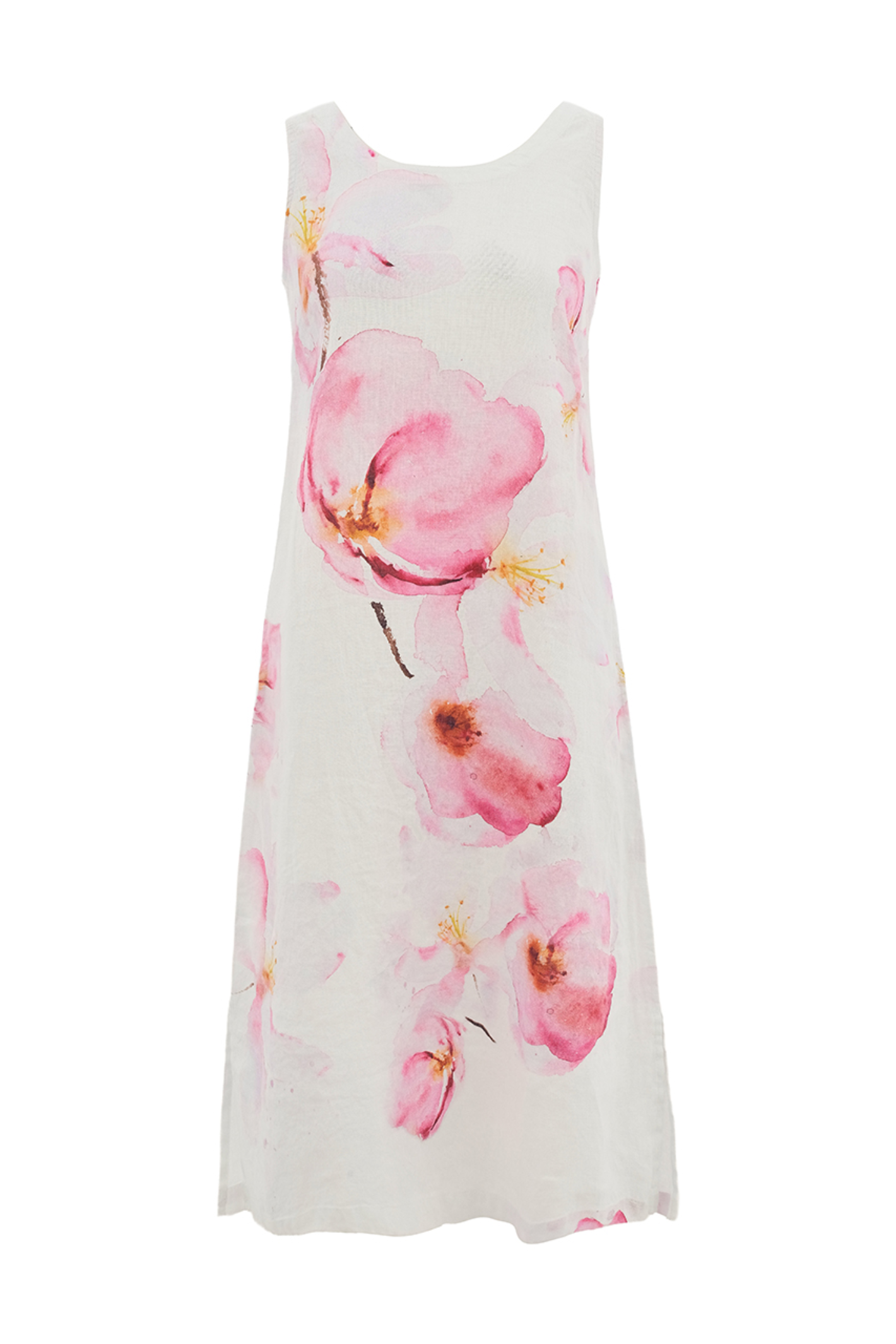 Sleeveless Dolcezza 26685 White Pink Floral Linen Dress with large watercolor-style pink flowers, by Dolcezza. Shop Dolcezza at Dotique.