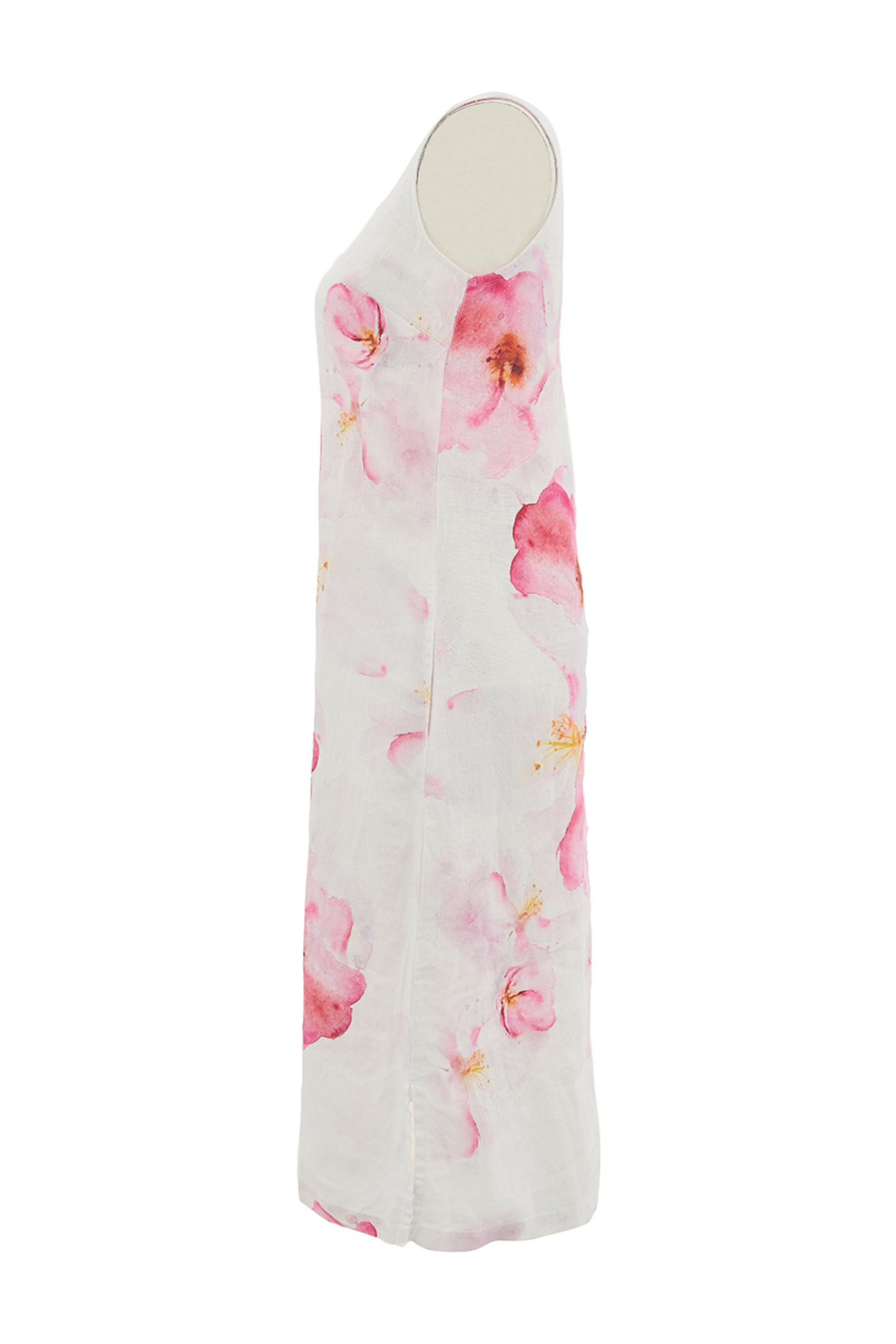 Side view of Dolcezza 26685 White Pink Floral Linen Dress featuring soft pink floral print on white linen by Dolcezza. Shop Dolcezza at Dotique.