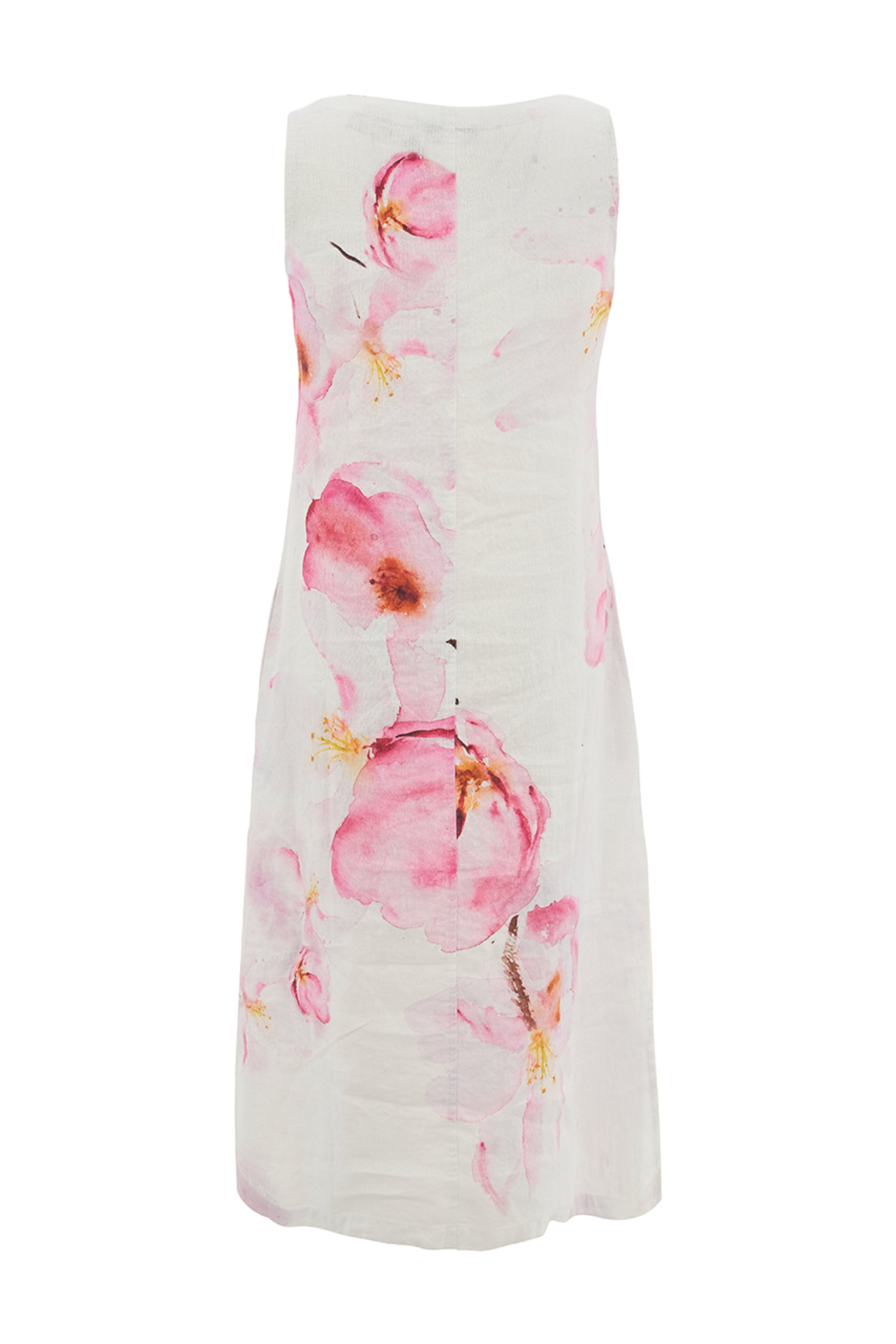 Back view of Dolcezza 26685 White Pink Floral Linen Dress featuring soft pink blooms on white linen by Dolcezza. Shop Dolcezza at Dotique.