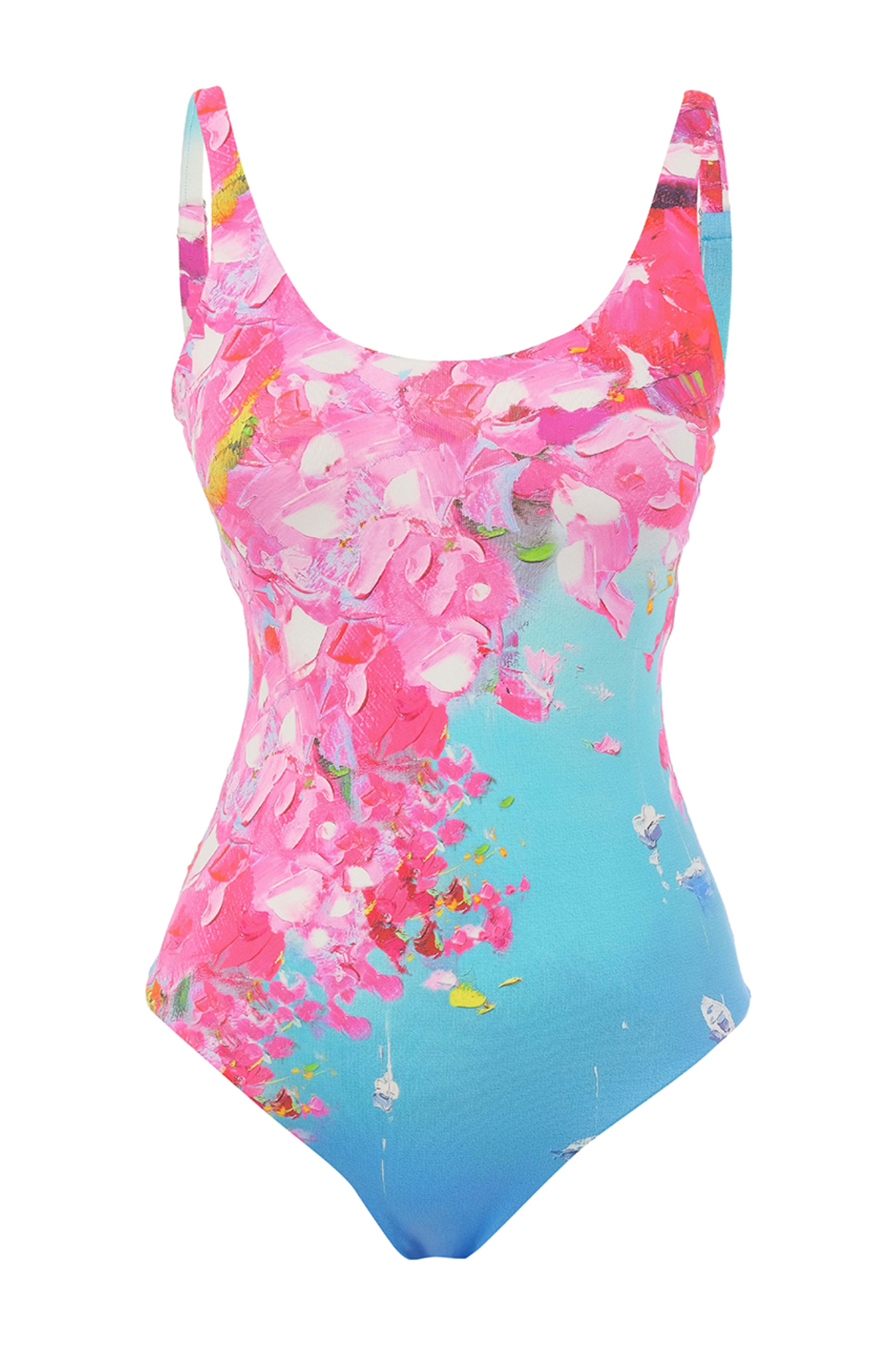 Front view of Dolcezza 26806 Santorini Print Swimsuit in vibrant pink and blue floral pattern by Dolcezza, shop Dolcezza at Dotique.