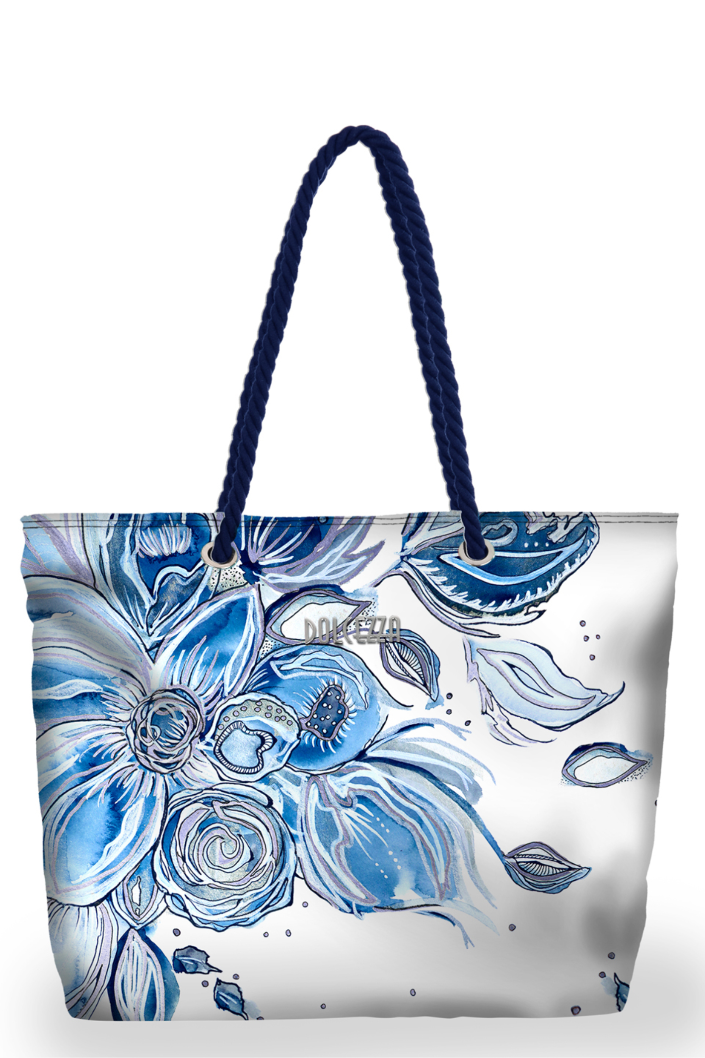 Dolcezza 26955 Printed Beach Bag with blue floral design and navy twisted rope handles by Dolcezza, shop Dolcezza at Dotique.