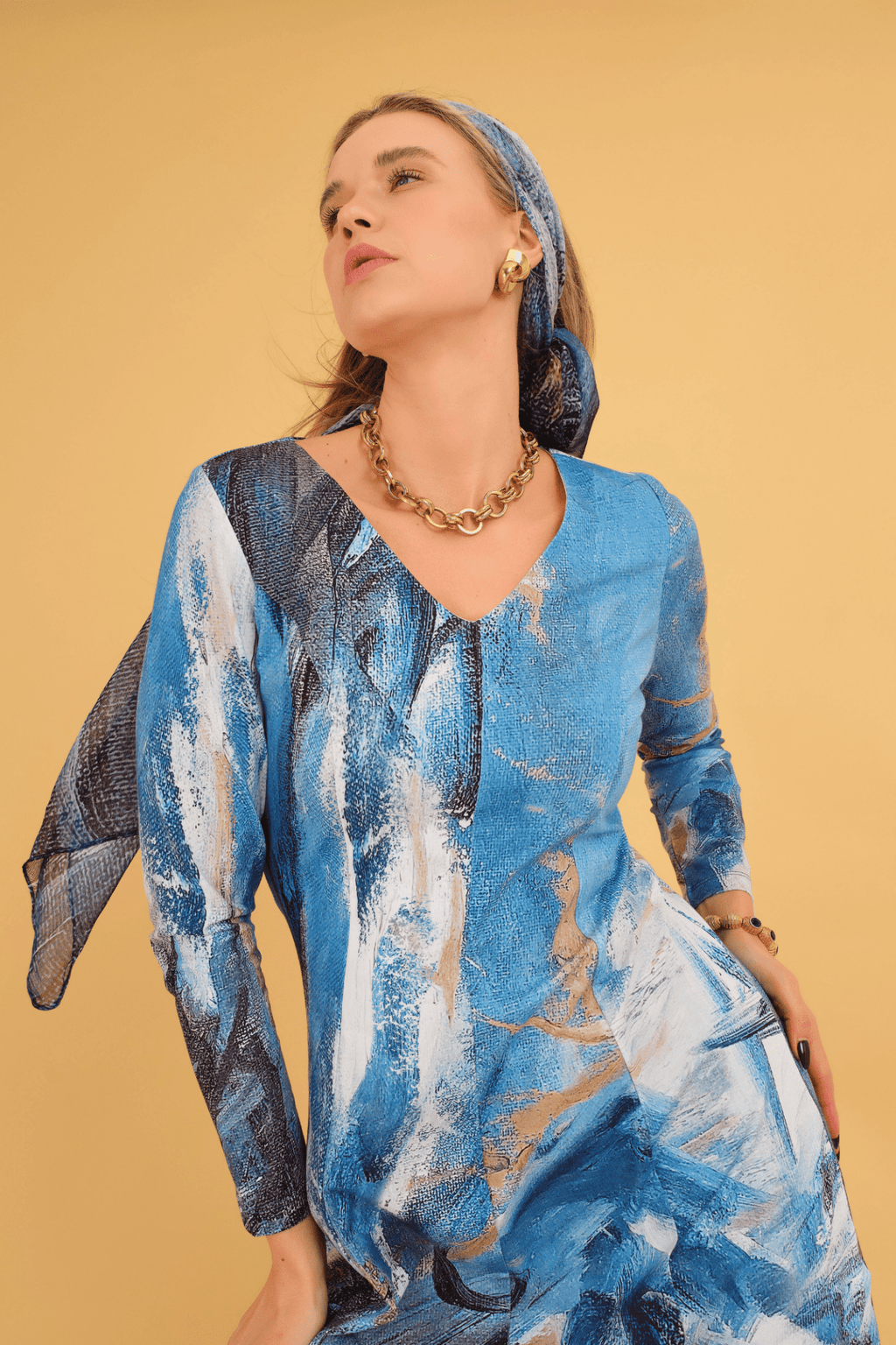 Dolcezza 75675 Blue Abstract Long Sleeve Cotton Dress - Dotique - Dolcezza