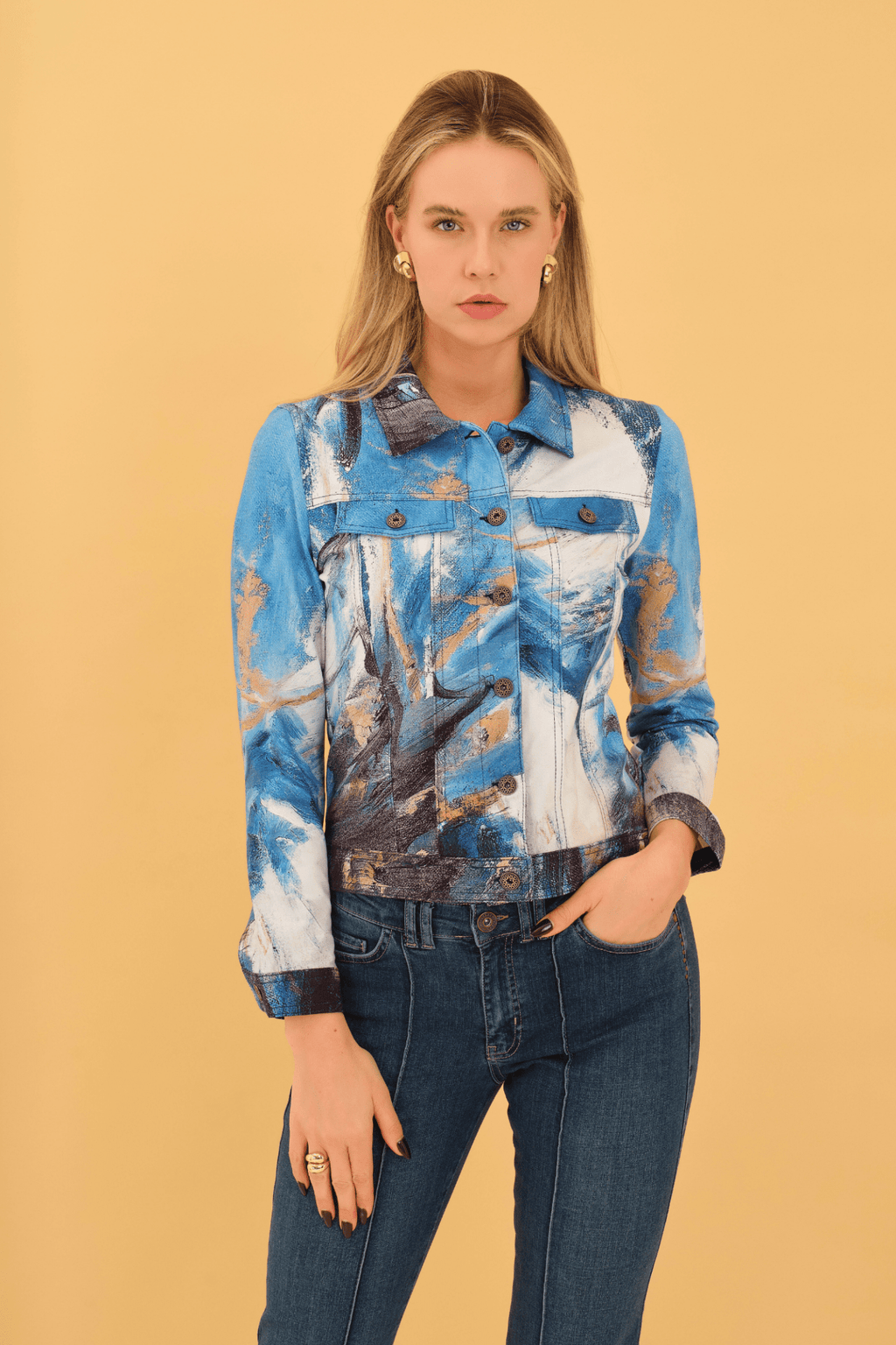 Dolcezza 75677 Artistic Print Blue Fitted Jacket - Dotique - Dolcezza