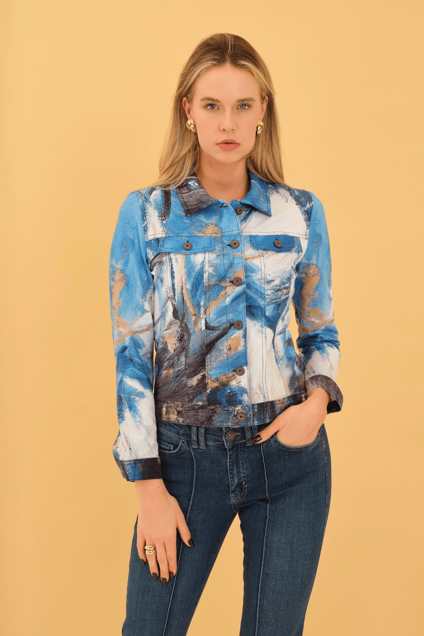 Dolcezza 75677 Artistic Print Blue Fitted Jacket - Dotique - Dolcezza
