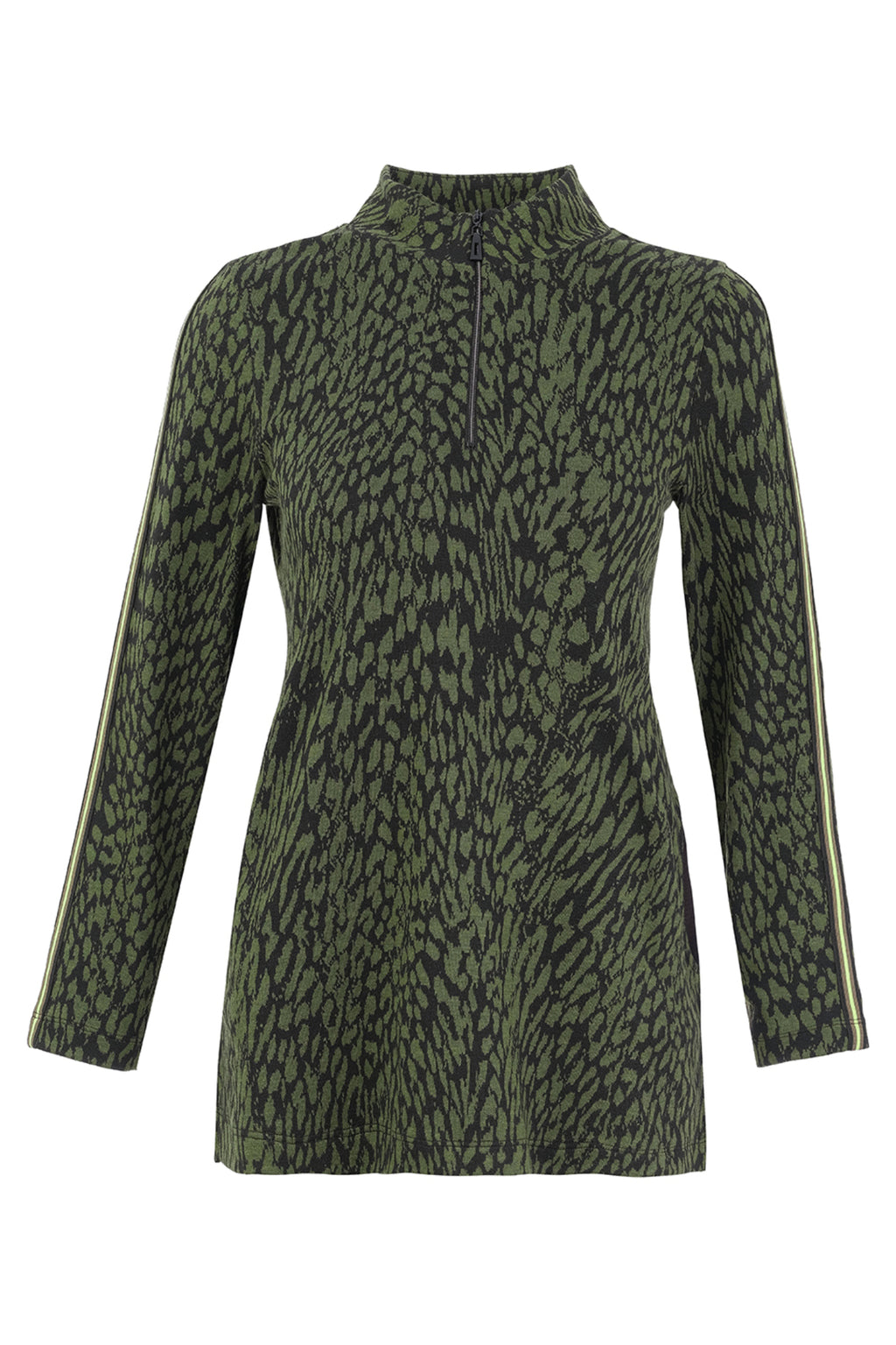 Dotique Dolcezza 76111 assorted abstract print knit jumper with stand-up neckline and long sleeves.
