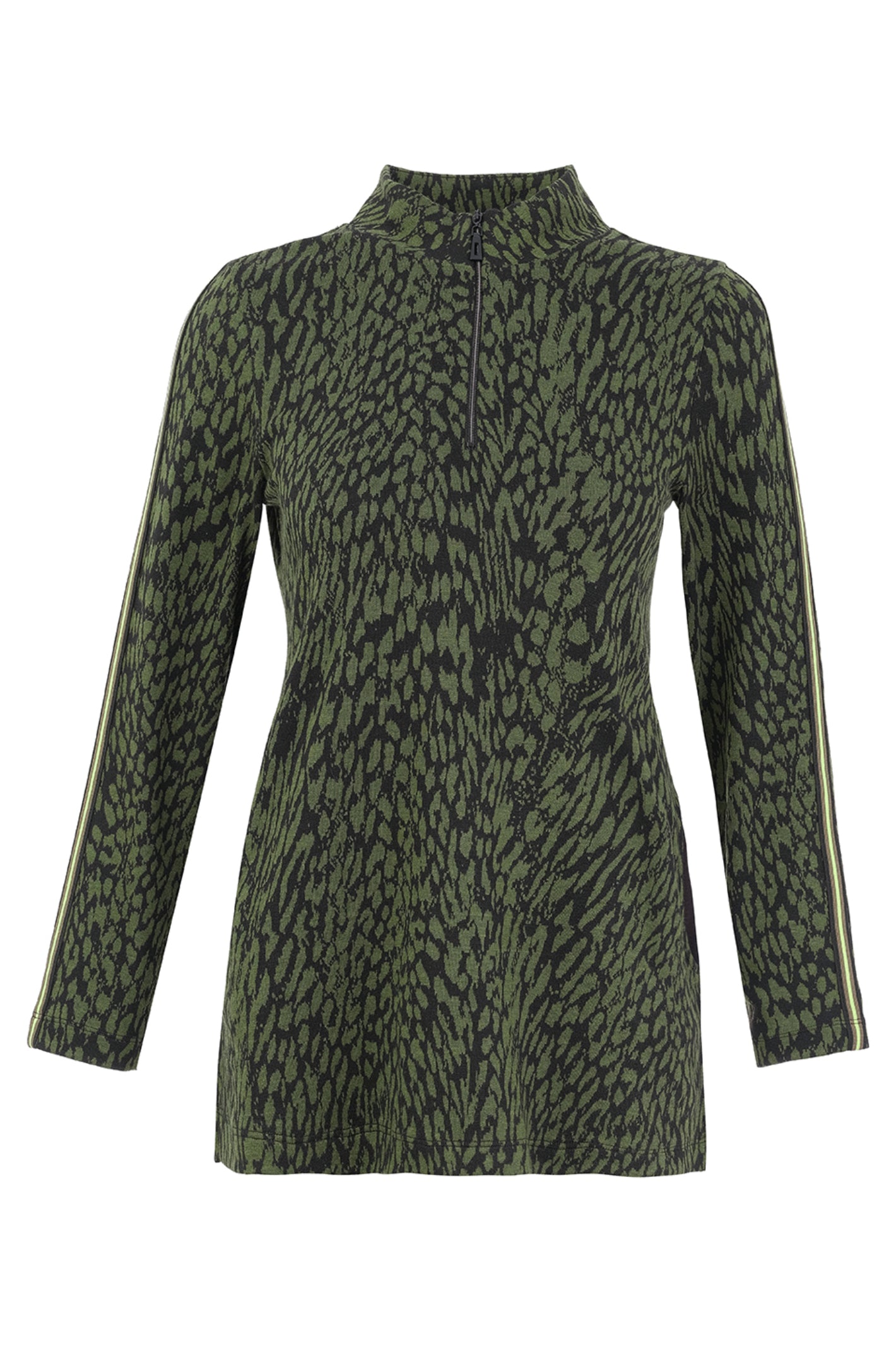 Dotique Dolcezza 76111 assorted abstract print knit jumper with stand-up neckline and long sleeves.