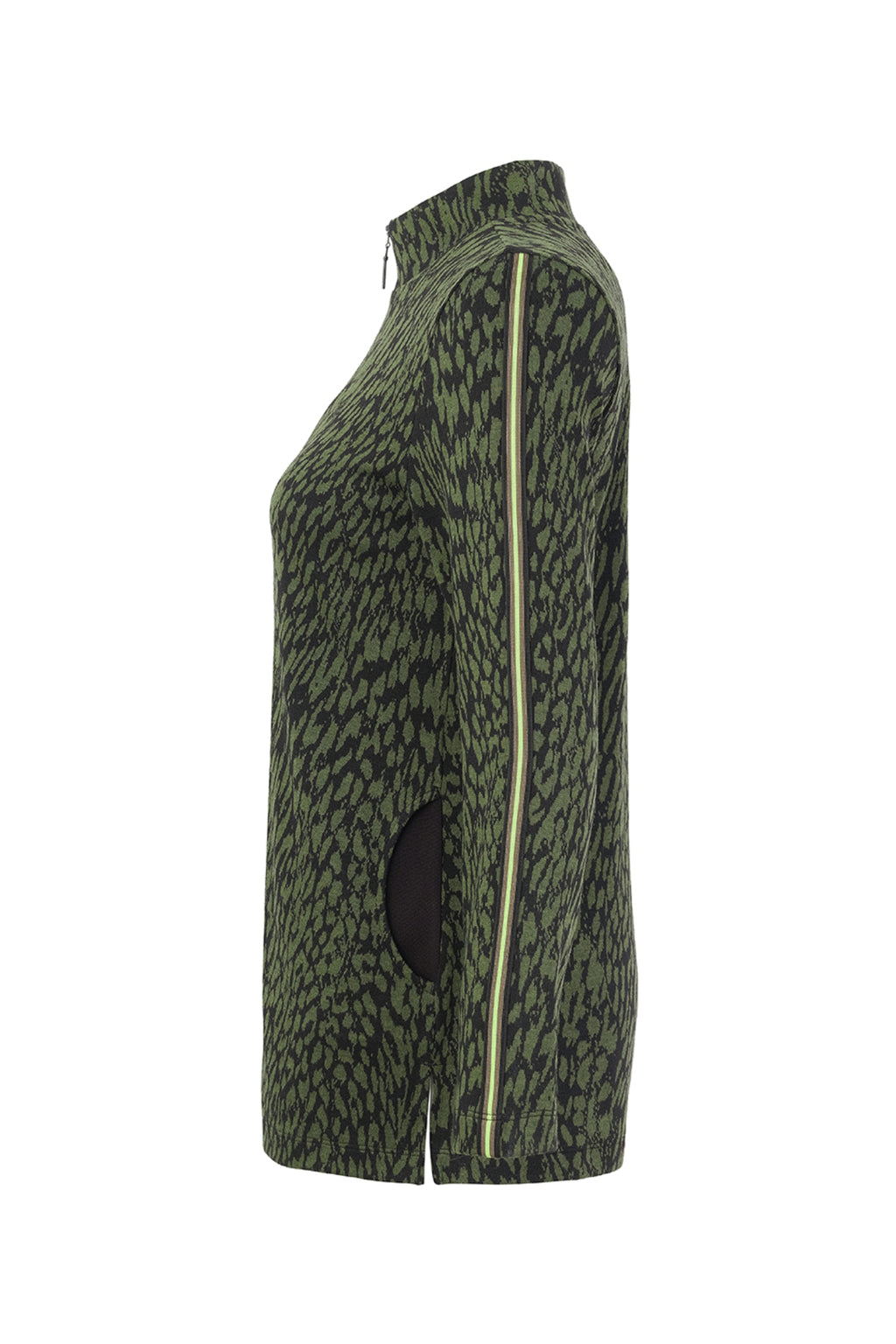 Dotique Dolcezza 76111 assorted abstract print knit jumper with stand-up neckline and long sleeves.