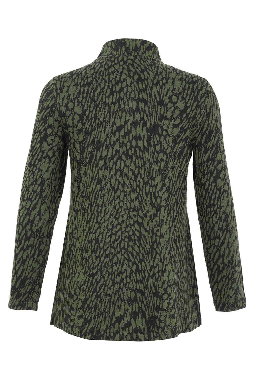 Dotique Dolcezza 76111 assorted abstract print knit jumper with stand-up neckline and long sleeves.