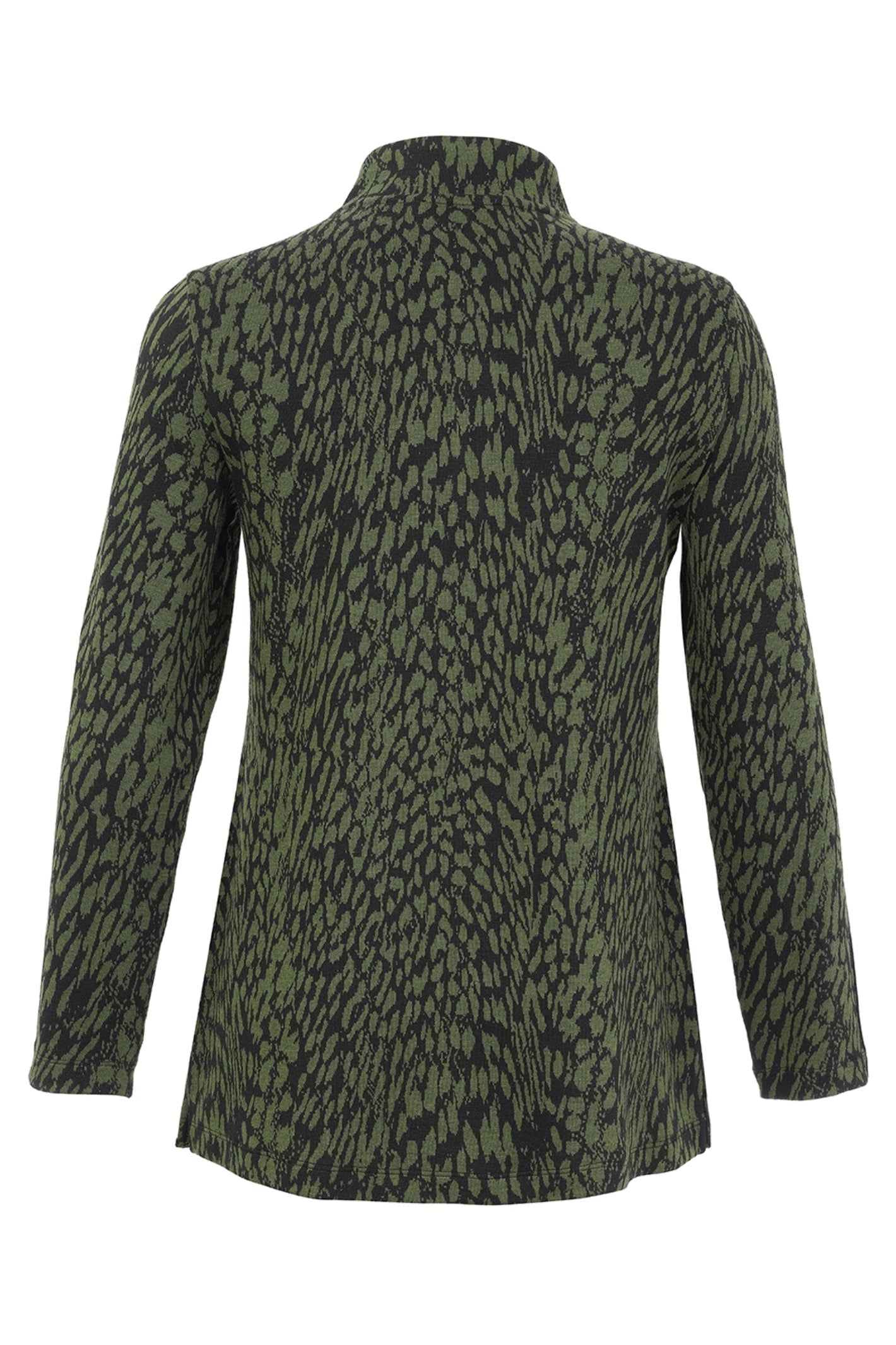 Dotique Dolcezza 76111 assorted abstract print knit jumper with stand-up neckline and long sleeves.