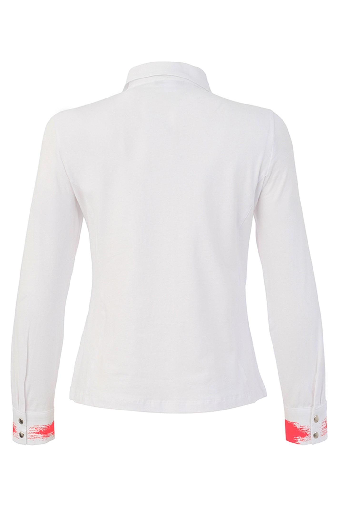 Dotique Dolcezza 76262 assorted abstract print knit blouse with a shirt collar, button-through front and long sleeves.