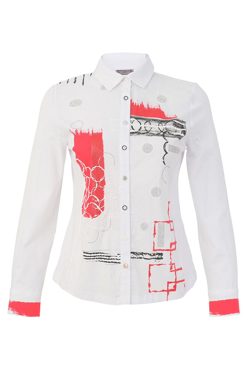 Dotique Dolcezza 76262 assorted abstract print knit blouse with a shirt collar, button-through front and long sleeves.