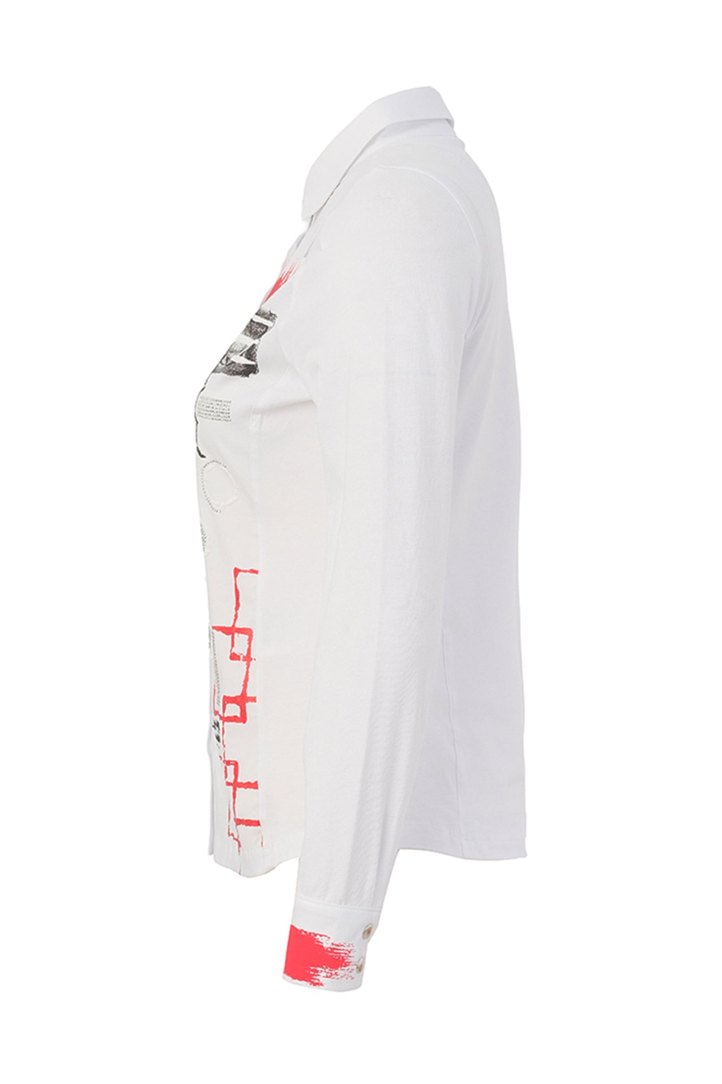 Dotique Dolcezza 76262 assorted abstract print knit blouse with a shirt collar, button-through front and long sleeves.