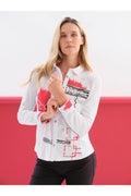 Dotique Dolcezza 76262 assorted abstract print knit blouse with a shirt collar, button-through front and long sleeves.