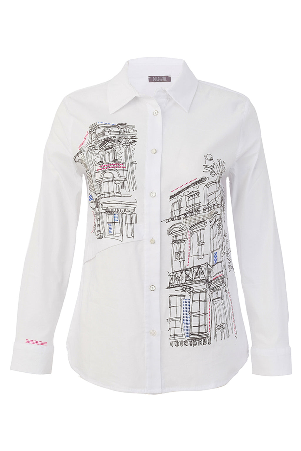 Dotique Dolcezza 76265 woven blouse in assorted architectural print with a shirt collar and button-through front.