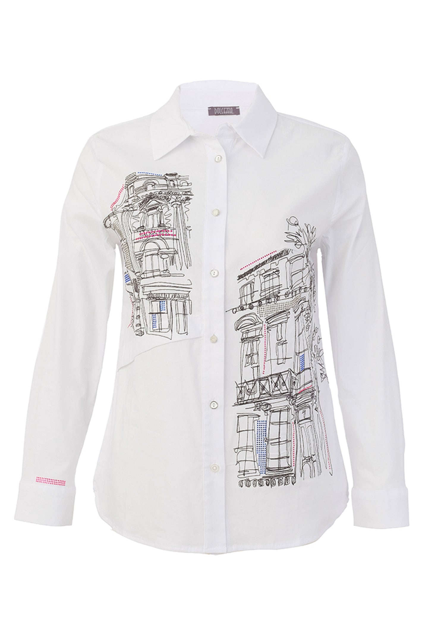Dotique Dolcezza 76265 woven blouse in assorted architectural print with a shirt collar and button-through front.