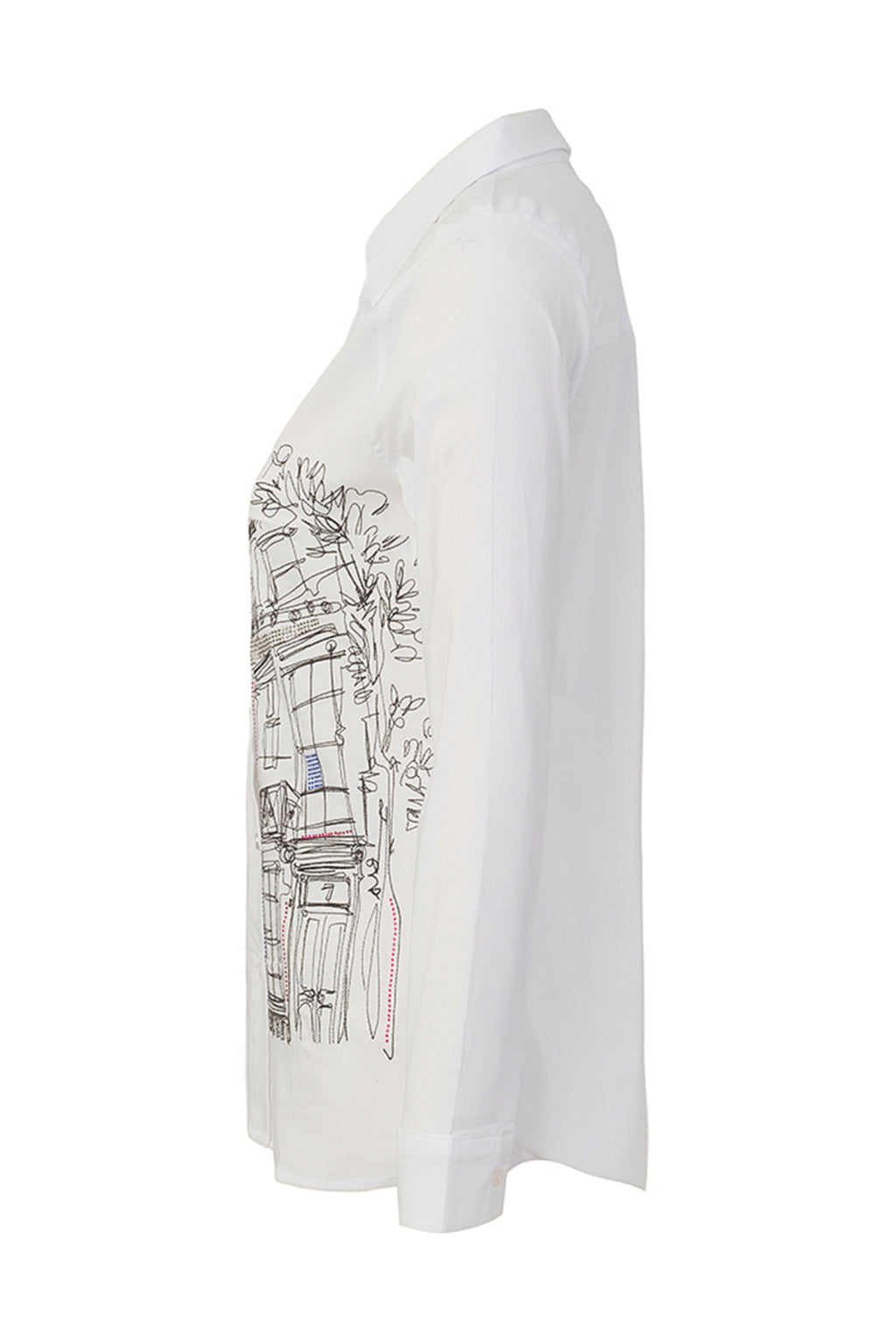 Dotique Dolcezza 76265 woven blouse in assorted architectural print with a shirt collar and button-through front.
