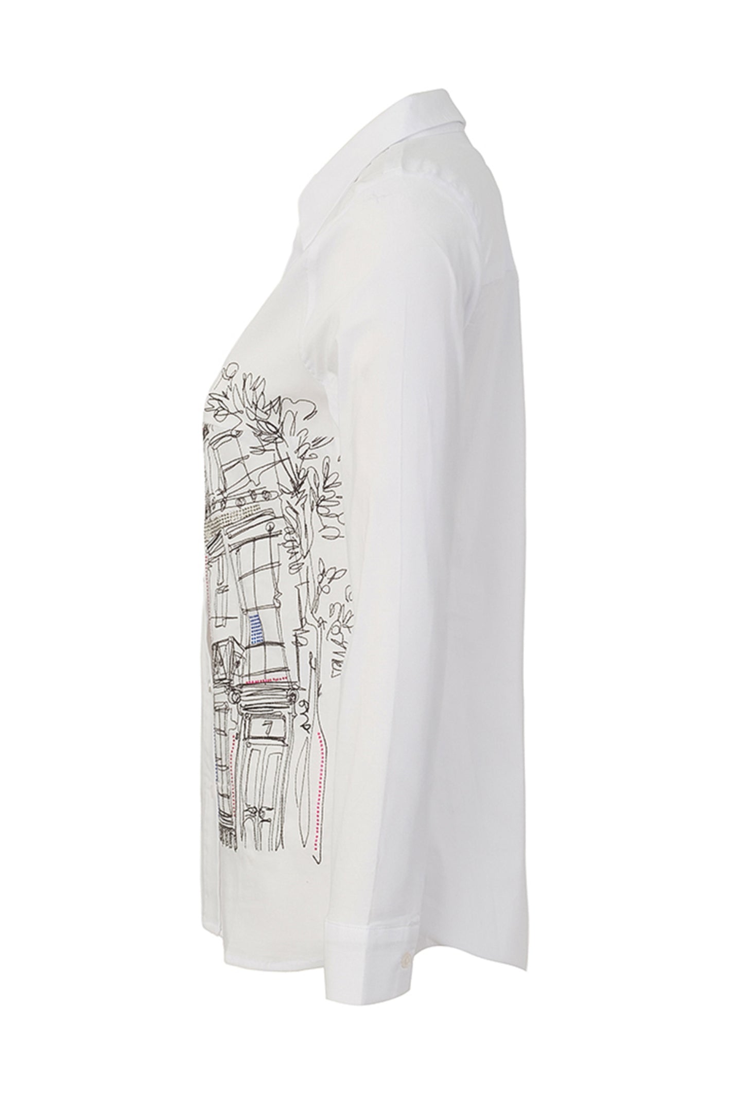 Dotique Dolcezza 76265 woven blouse in assorted architectural print with a shirt collar and button-through front.