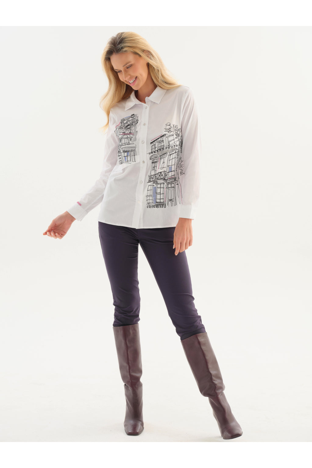 Dotique Dolcezza 76265 woven blouse in assorted architectural print with a shirt collar and button-through front.