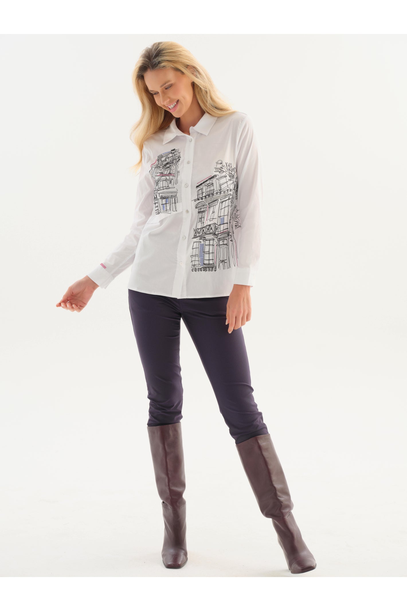 Dotique Dolcezza 76265 woven blouse in assorted architectural print with a shirt collar and button-through front.