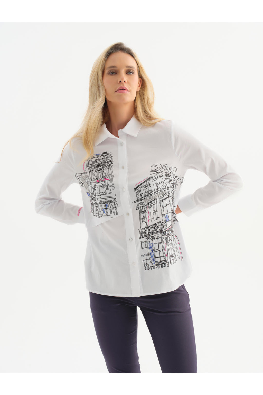 Dotique Dolcezza 76265 woven blouse in assorted architectural print with a shirt collar and button-through front.