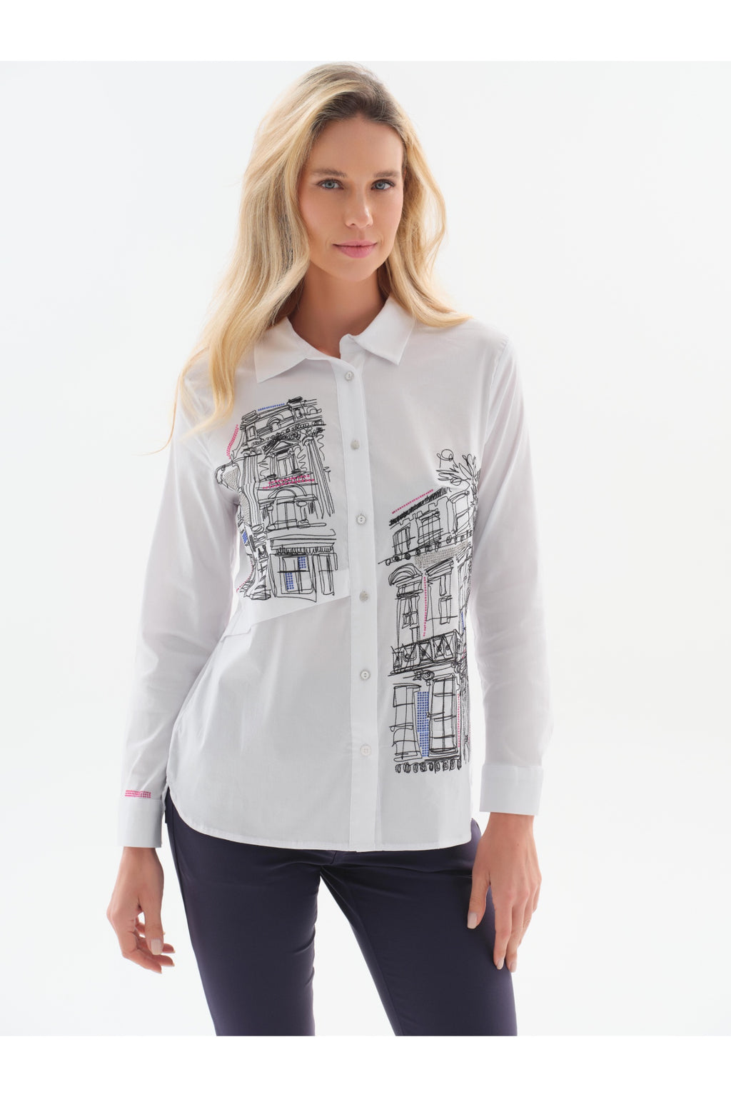 Dotique Dolcezza 76265 woven blouse in assorted architectural print with a shirt collar and button-through front.