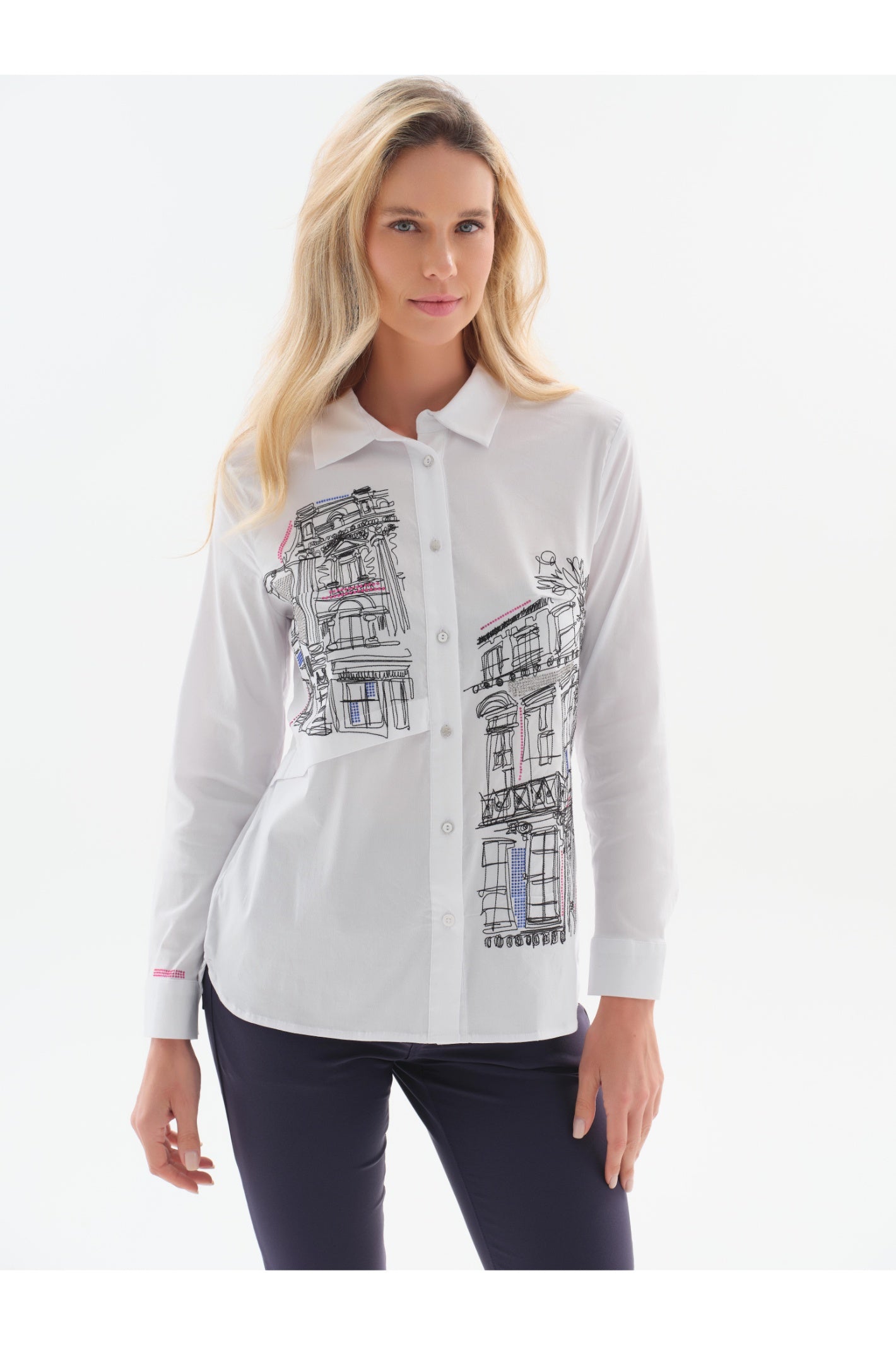 Dotique Dolcezza 76265 woven blouse in assorted architectural print with a shirt collar and button-through front.