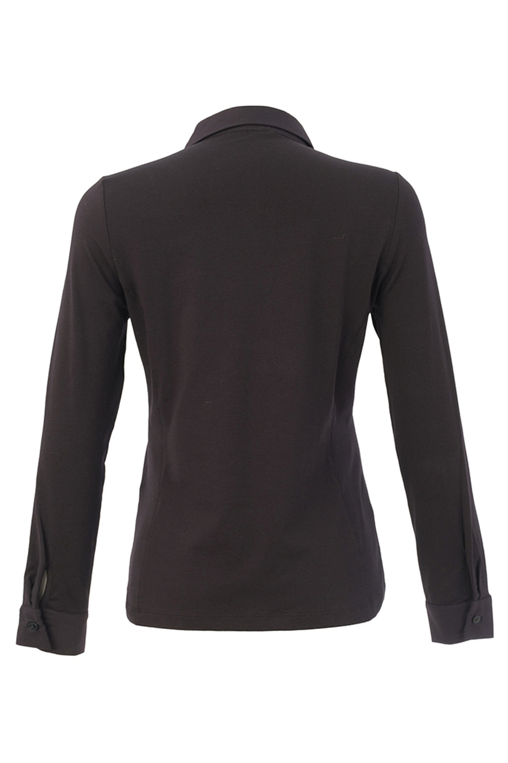 Dotique Dolcezza 76268 assorted abstract print knit blouse in black with a shirt collar and button-through front.