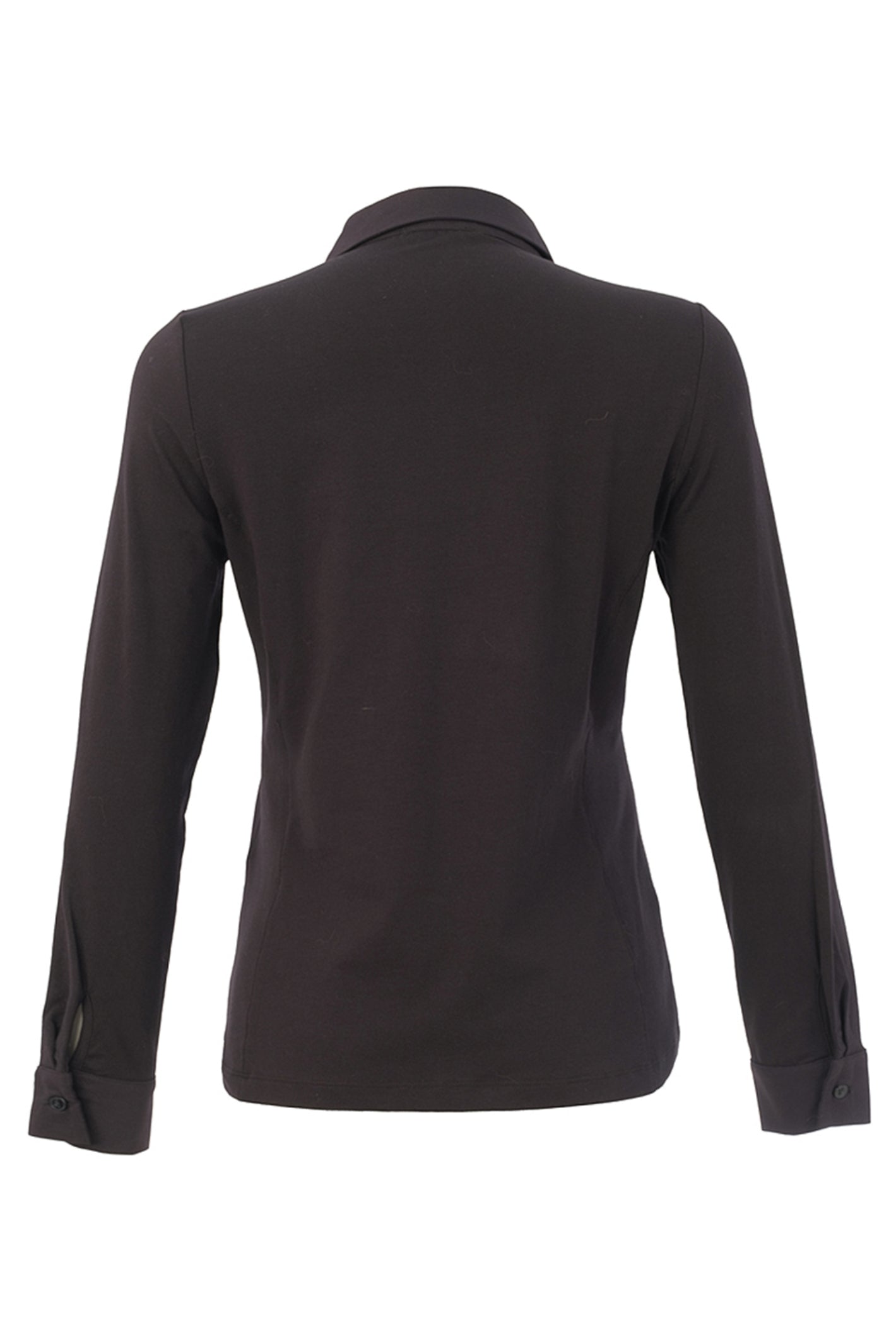 Dotique Dolcezza 76268 assorted abstract print knit blouse in black with a shirt collar and button-through front.