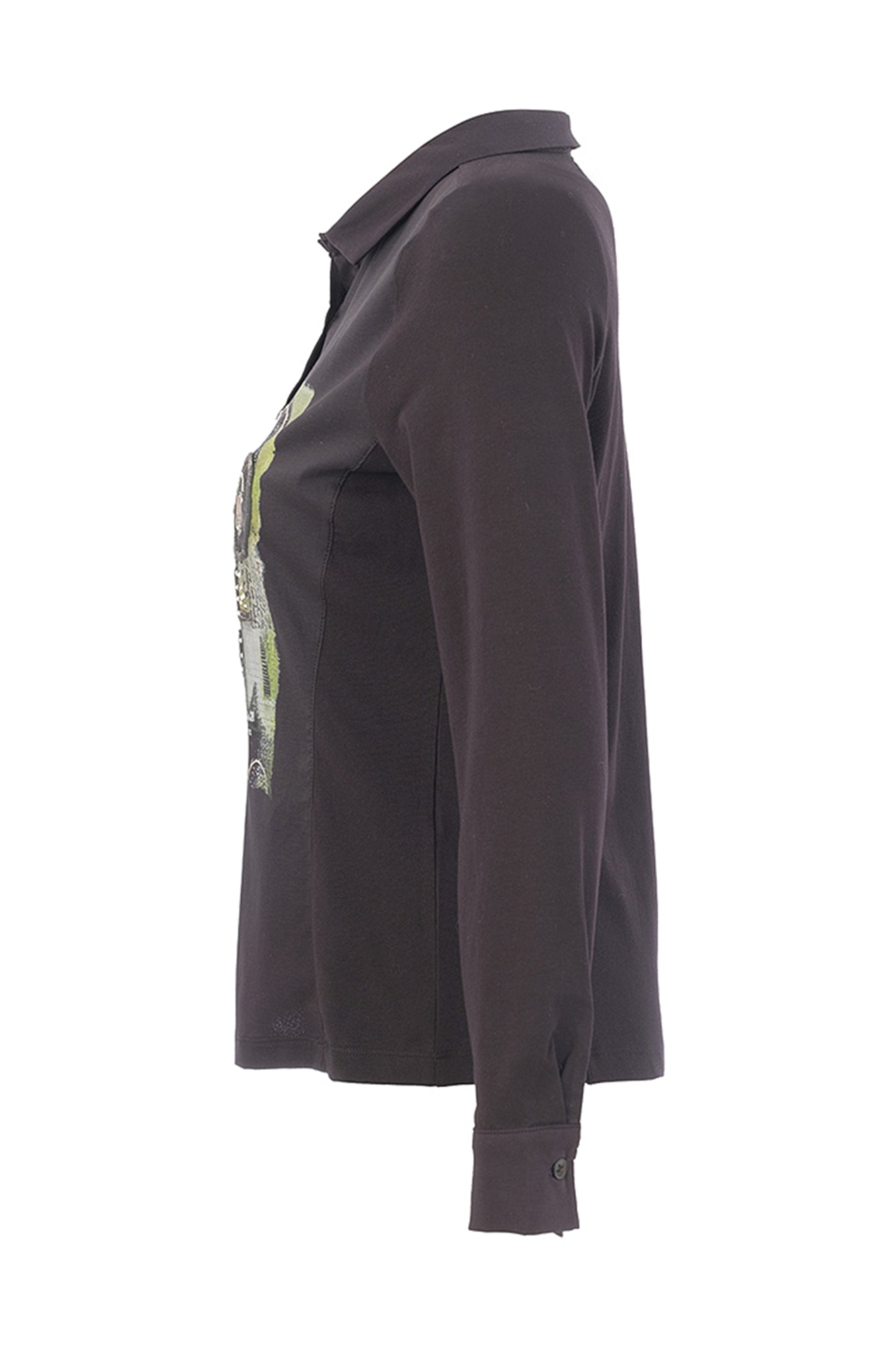 Dotique Dolcezza 76268 assorted abstract print knit blouse in black with a shirt collar and button-through front.
