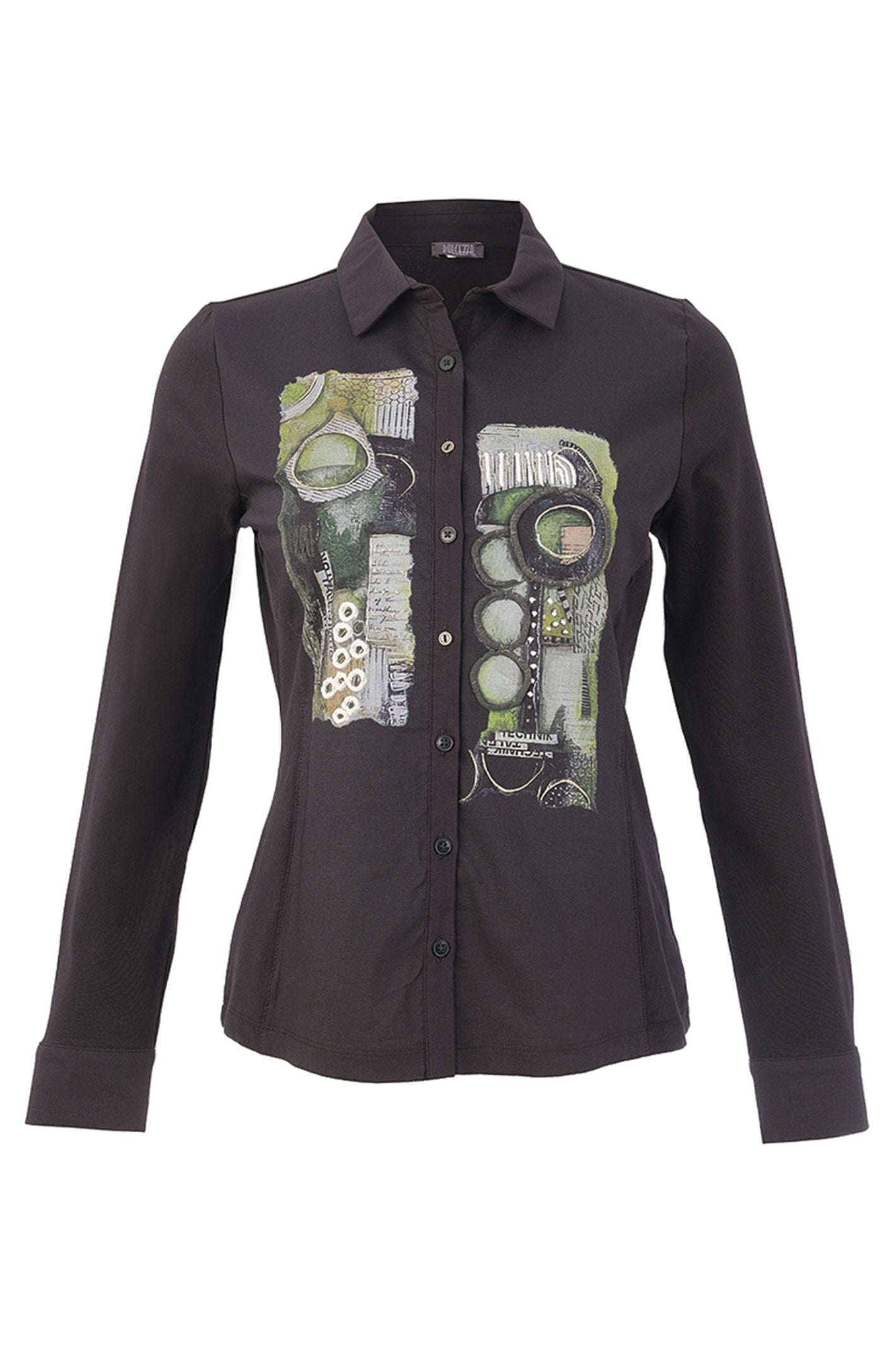 Dotique Dolcezza 76268 assorted abstract print knit blouse in black with a shirt collar and button-through front.