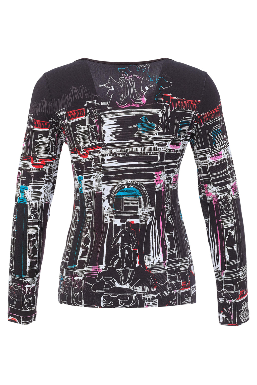 Dotique Dolcezza 76640 assorted cityscape print knit jumper with a notch neckline and long sleeves.