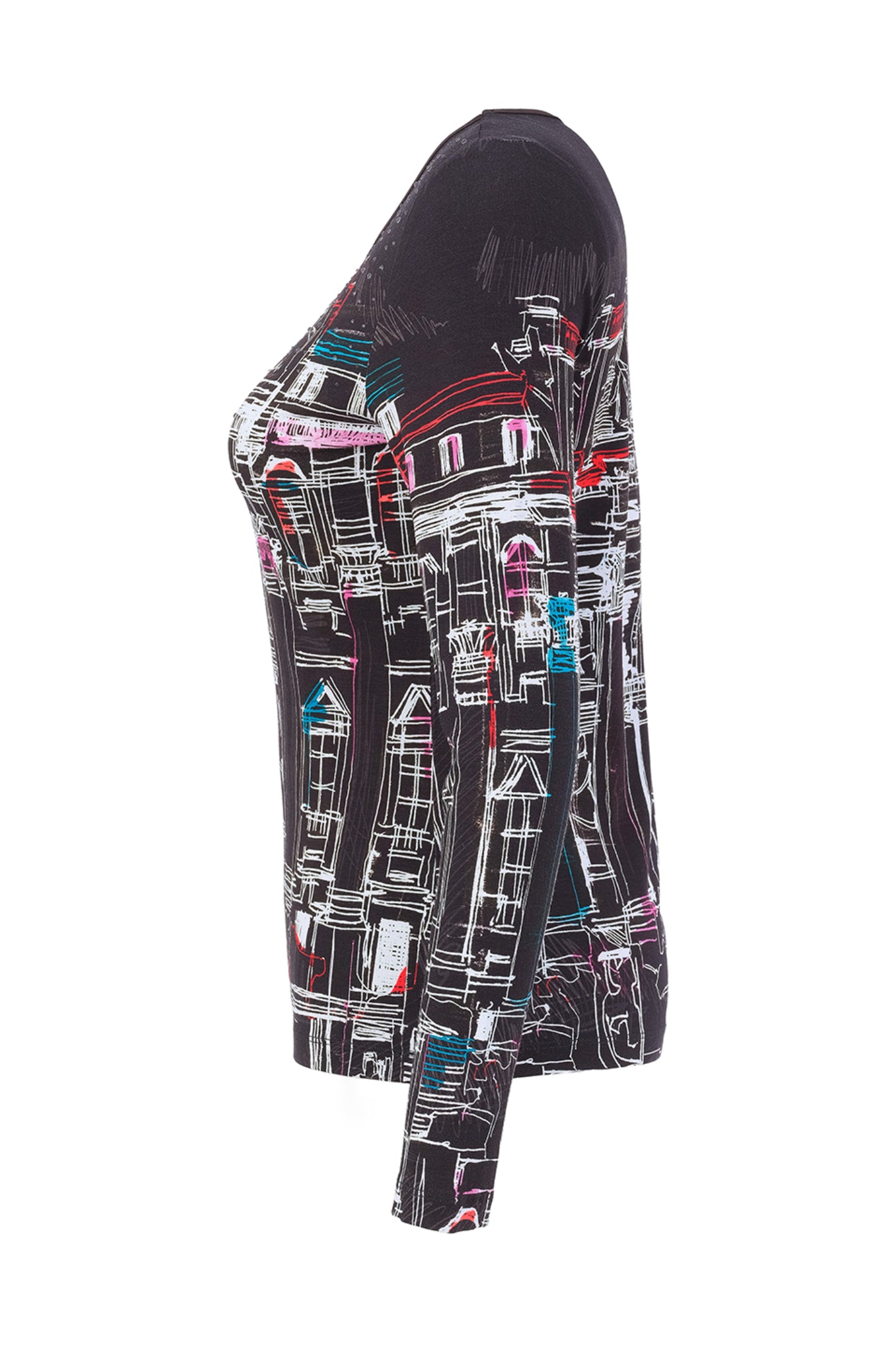 Dotique Dolcezza 76640 assorted cityscape print knit jumper with a notch neckline and long sleeves.