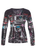 Dotique Dolcezza 76640 assorted cityscape print knit jumper with a notch neckline and long sleeves.