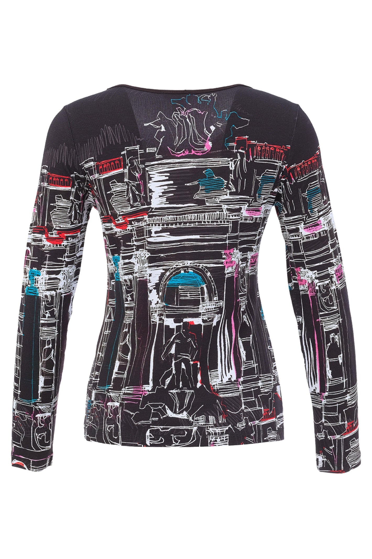 Dotique Dolcezza 76640 assorted cityscape print knit jumper with a notch neckline and long sleeves.