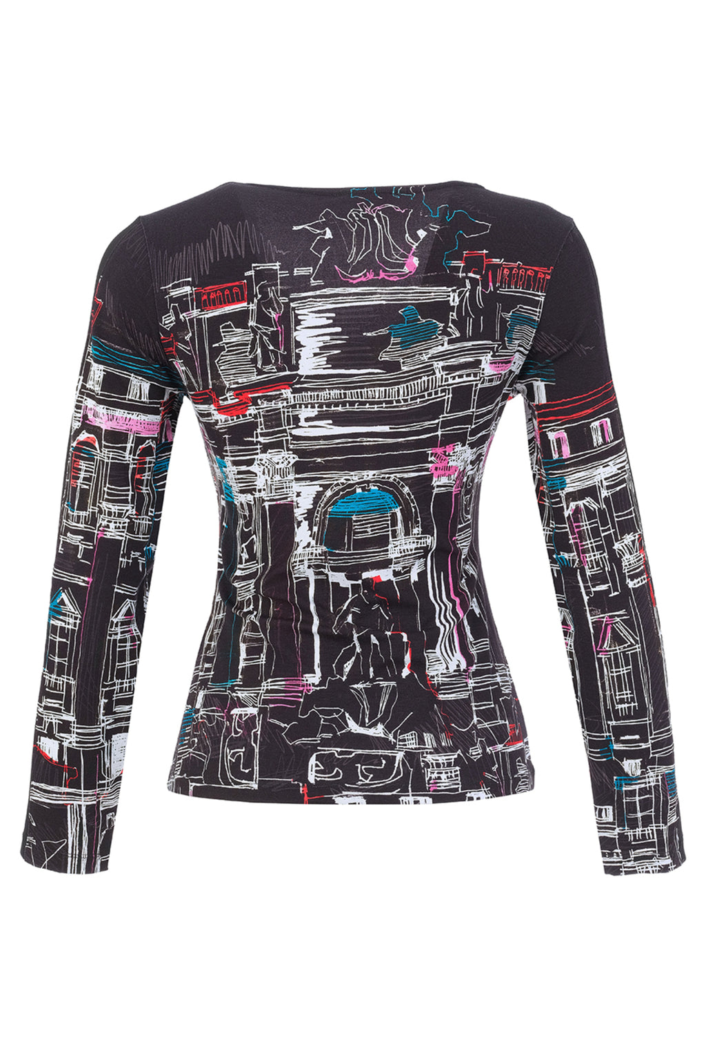 Dotique Dolcezza 76641 V neck knit jumper in the assorted cityscape print with long sleeves and a flattering fitted silhouette.