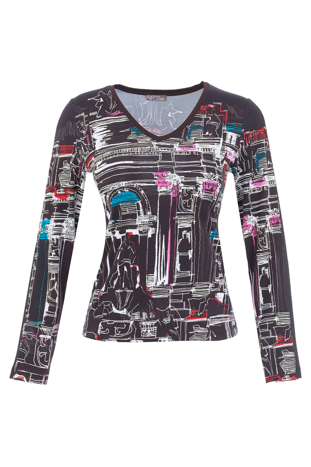 Dotique Dolcezza 76641 V neck knit jumper in the assorted cityscape print with long sleeves and a flattering fitted silhouette.