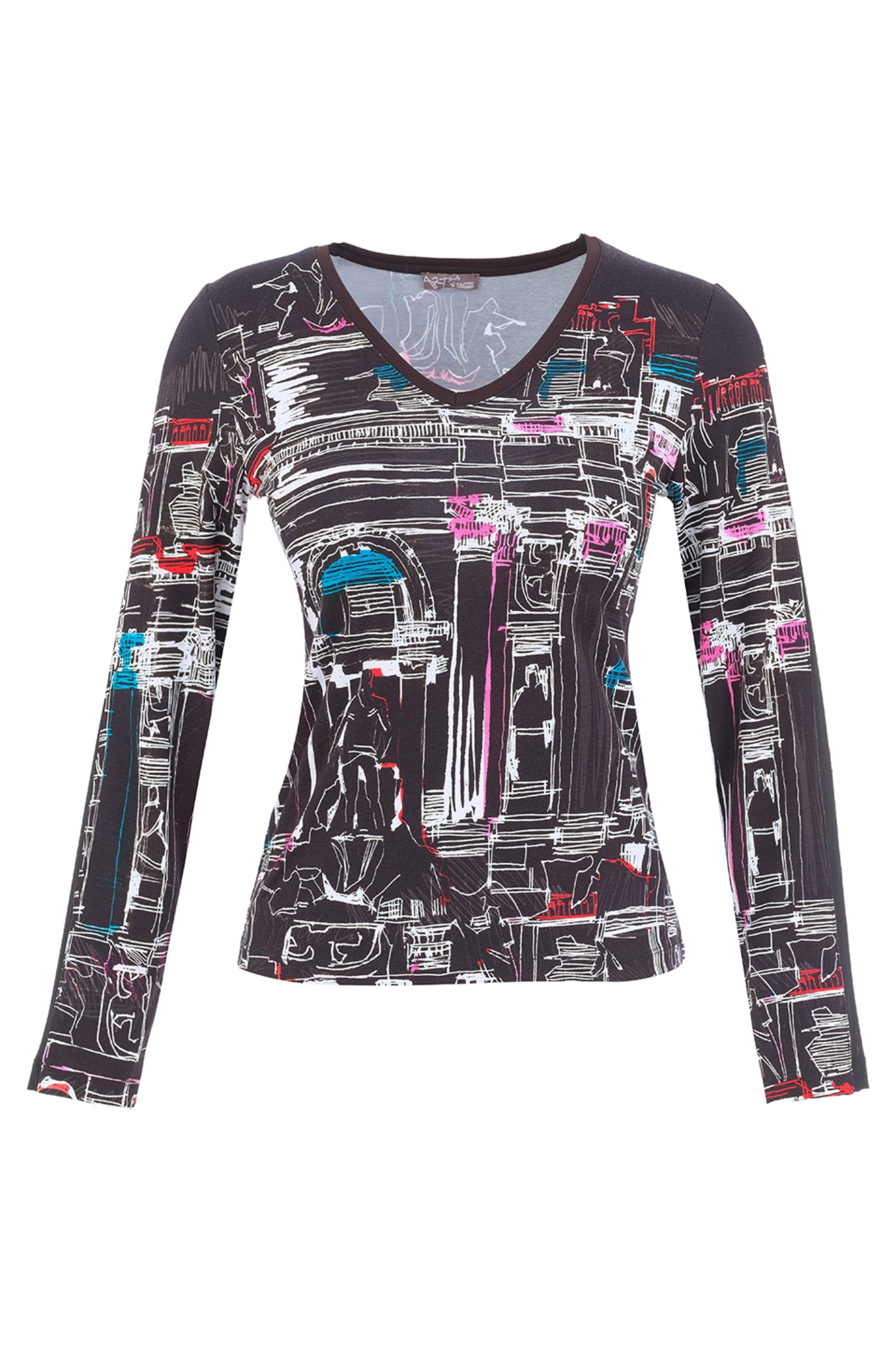 Dotique Dolcezza 76641 V neck knit jumper in the assorted cityscape print with long sleeves and a flattering fitted silhouette.