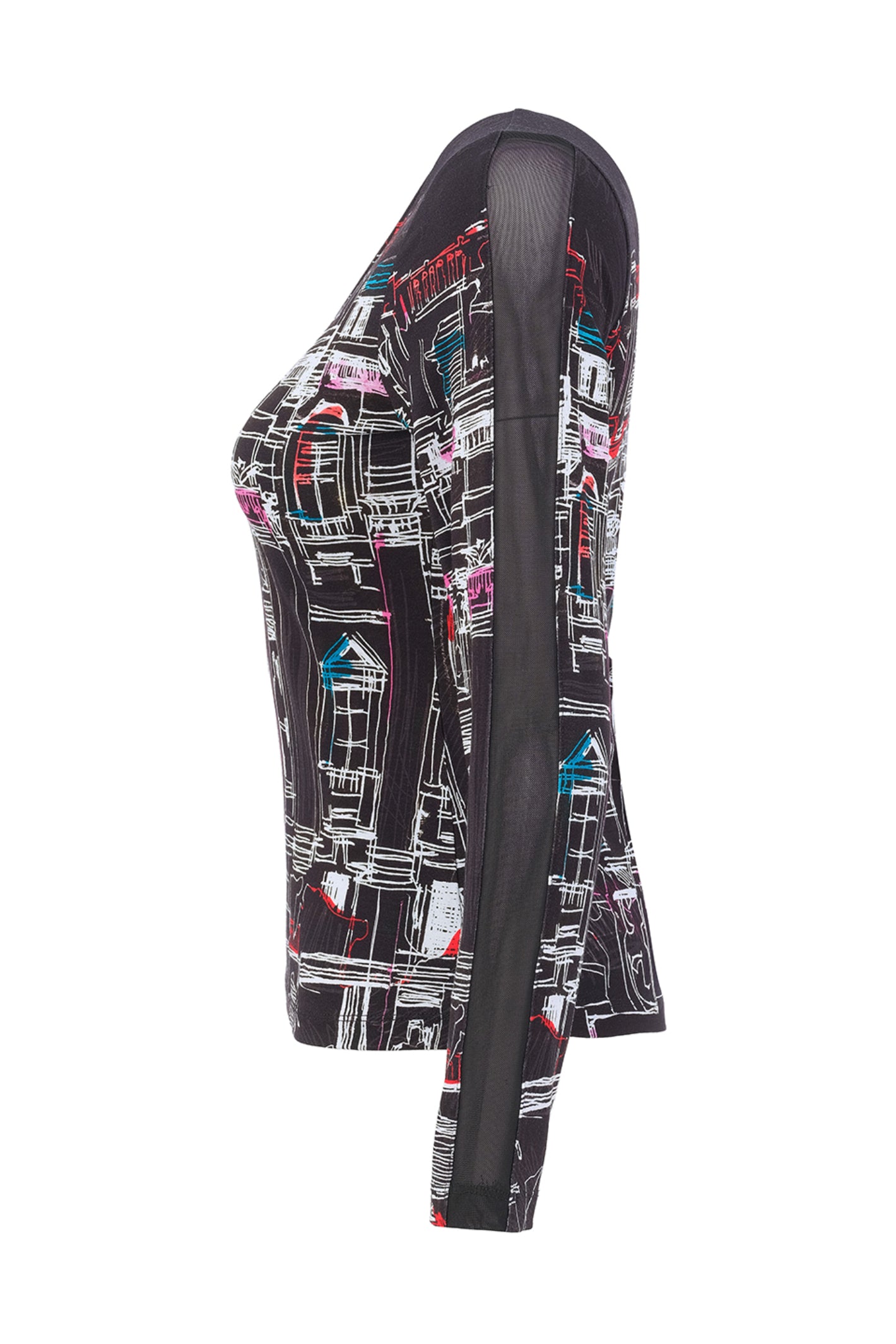 Dotique Dolcezza 76641 V neck knit jumper in the assorted cityscape print with long sleeves and a flattering fitted silhouette.