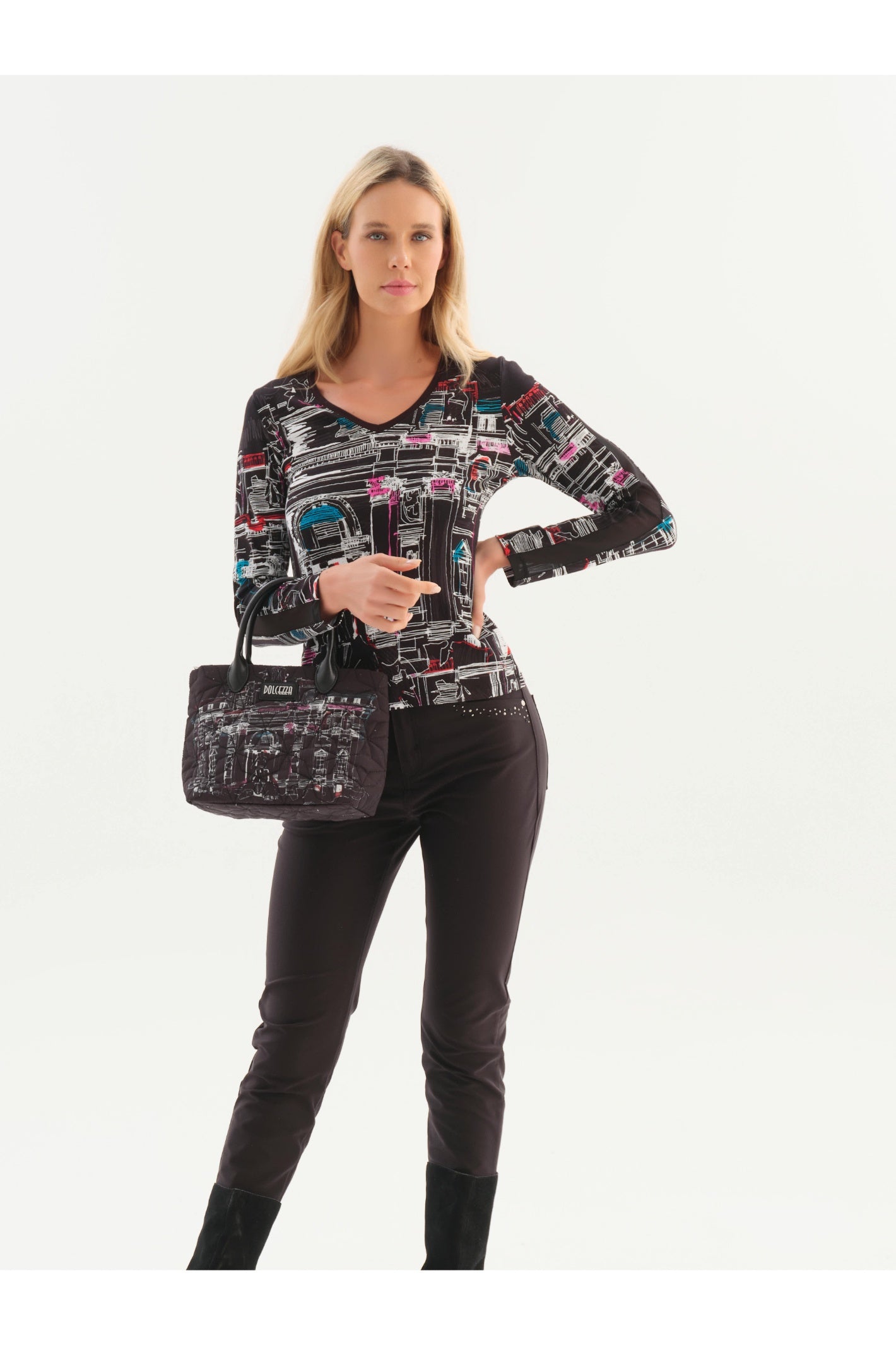 Dotique Dolcezza 76641 V neck knit jumper in the assorted cityscape print with long sleeves and a flattering fitted silhouette.