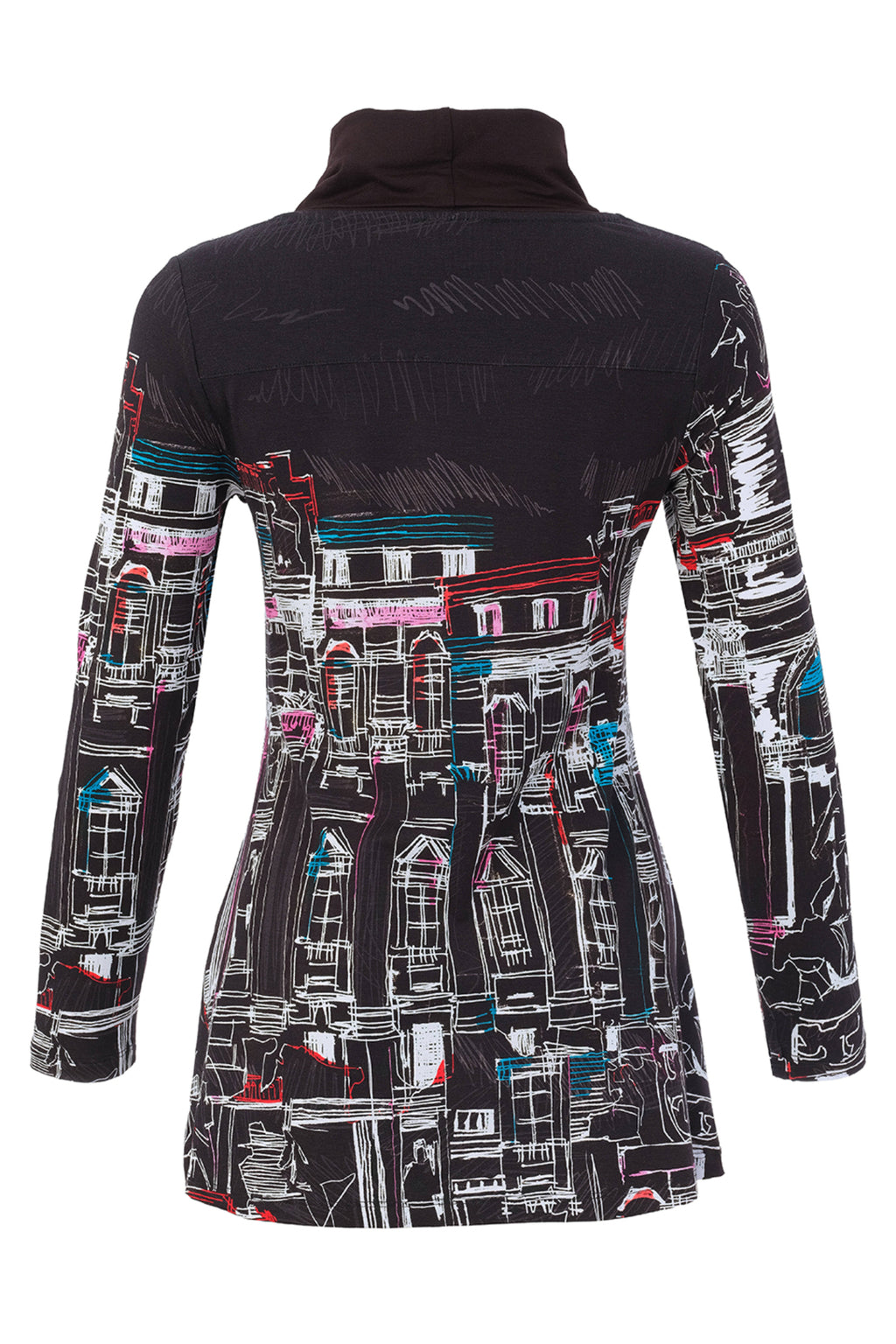 Dotique Dolcezza 76642 assorted cityscape print knit jumper with a roll neckline and asymmetric draped hem.