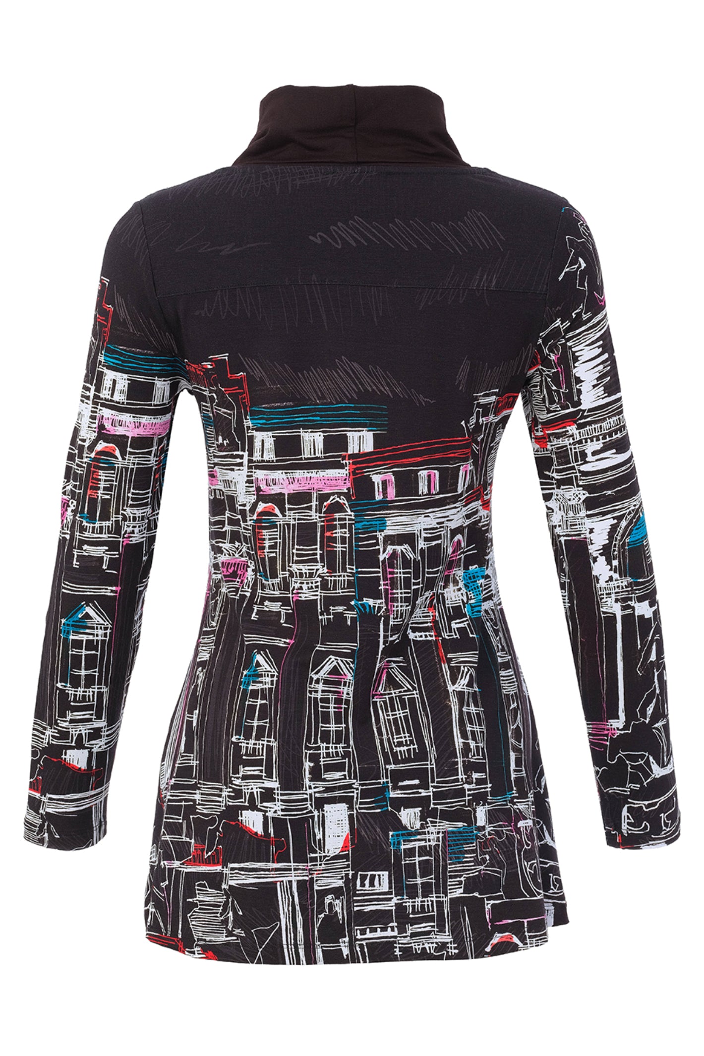 Dotique Dolcezza 76642 assorted cityscape print knit jumper with a roll neckline and asymmetric draped hem.
