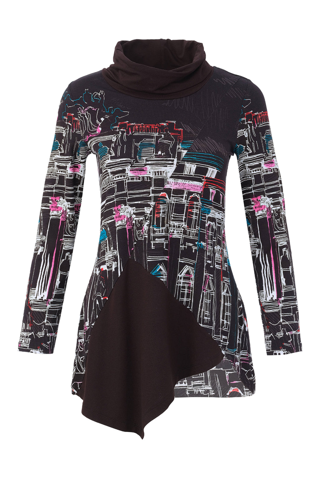 Dotique Dolcezza 76642 assorted cityscape print knit jumper with a roll neckline and asymmetric draped hem.