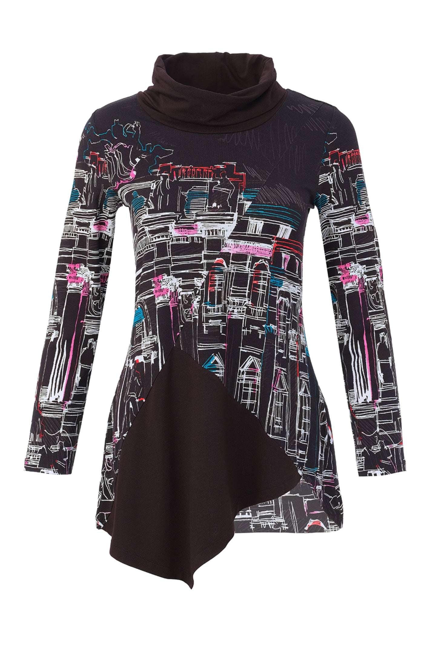 Dotique Dolcezza 76642 assorted cityscape print knit jumper with a roll neckline and asymmetric draped hem.