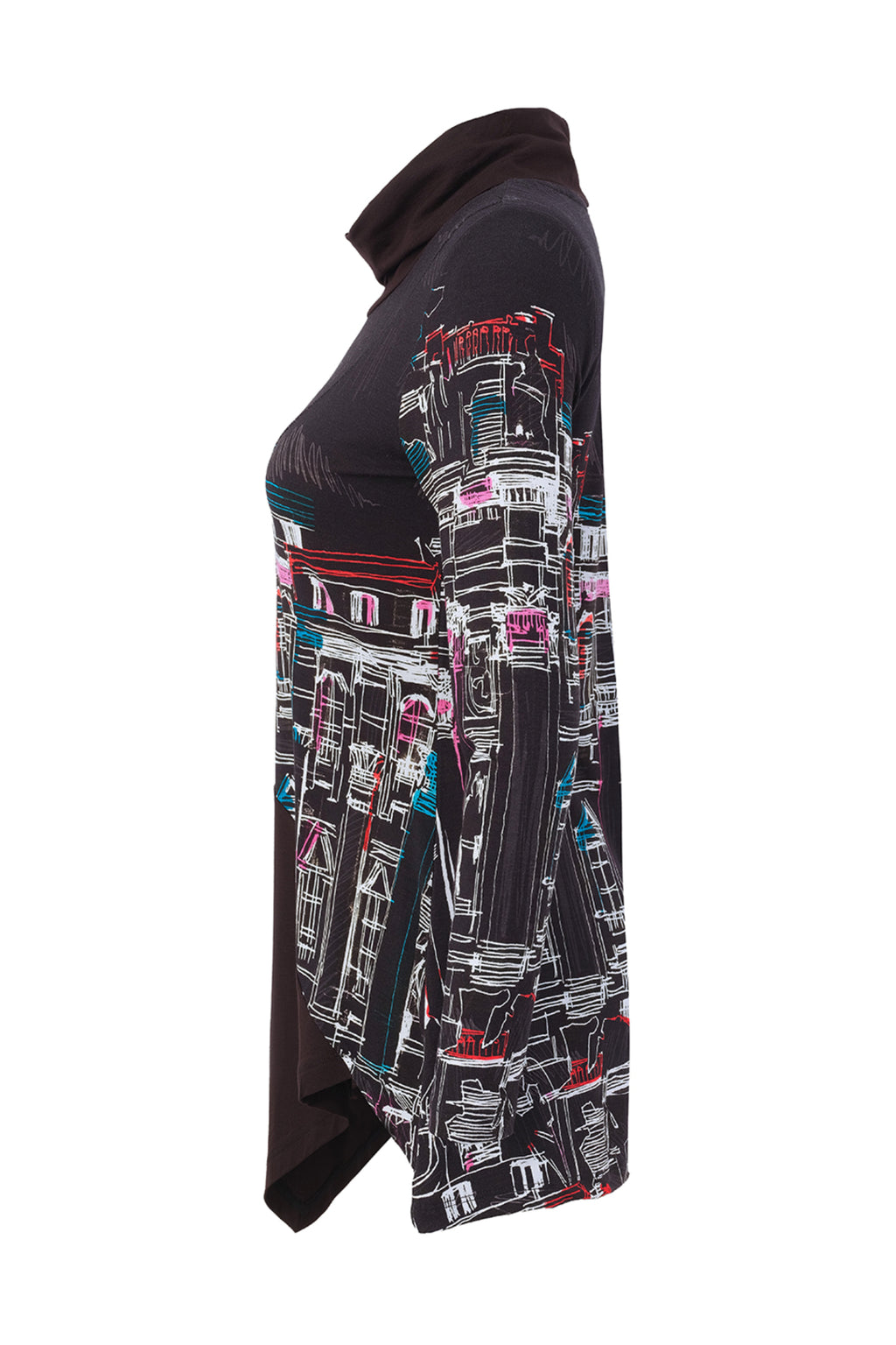 Dotique Dolcezza 76642 assorted cityscape print knit jumper with a roll neckline and asymmetric draped hem.