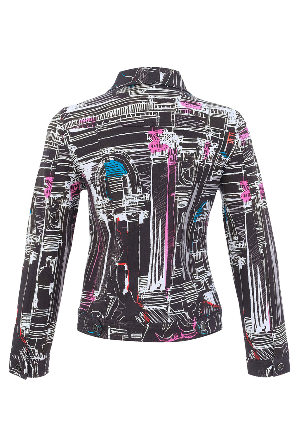 Dotique Dolcezza 76646 assorted cityscape print knit jacket with a classic collar, button fastening and chest pockets.