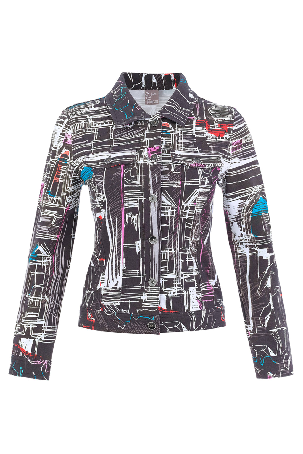 Dotique Dolcezza 76646 assorted cityscape print knit jacket with a classic collar, button fastening and chest pockets.